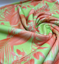 Bright Green & Orange Leaf Print Lightweight Jersey Crepe Fabric 4 Way Stretch - T9 Fabrics