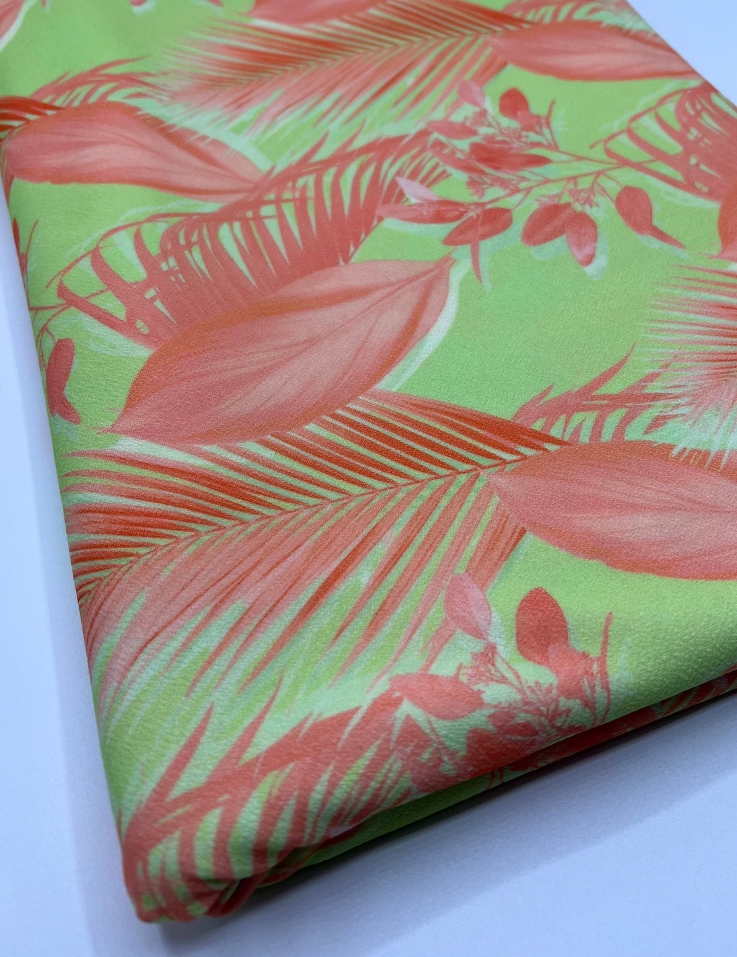 Bright Green & Orange Leaf Print Lightweight Jersey Crepe Fabric 4 Way Stretch - T9 Fabrics