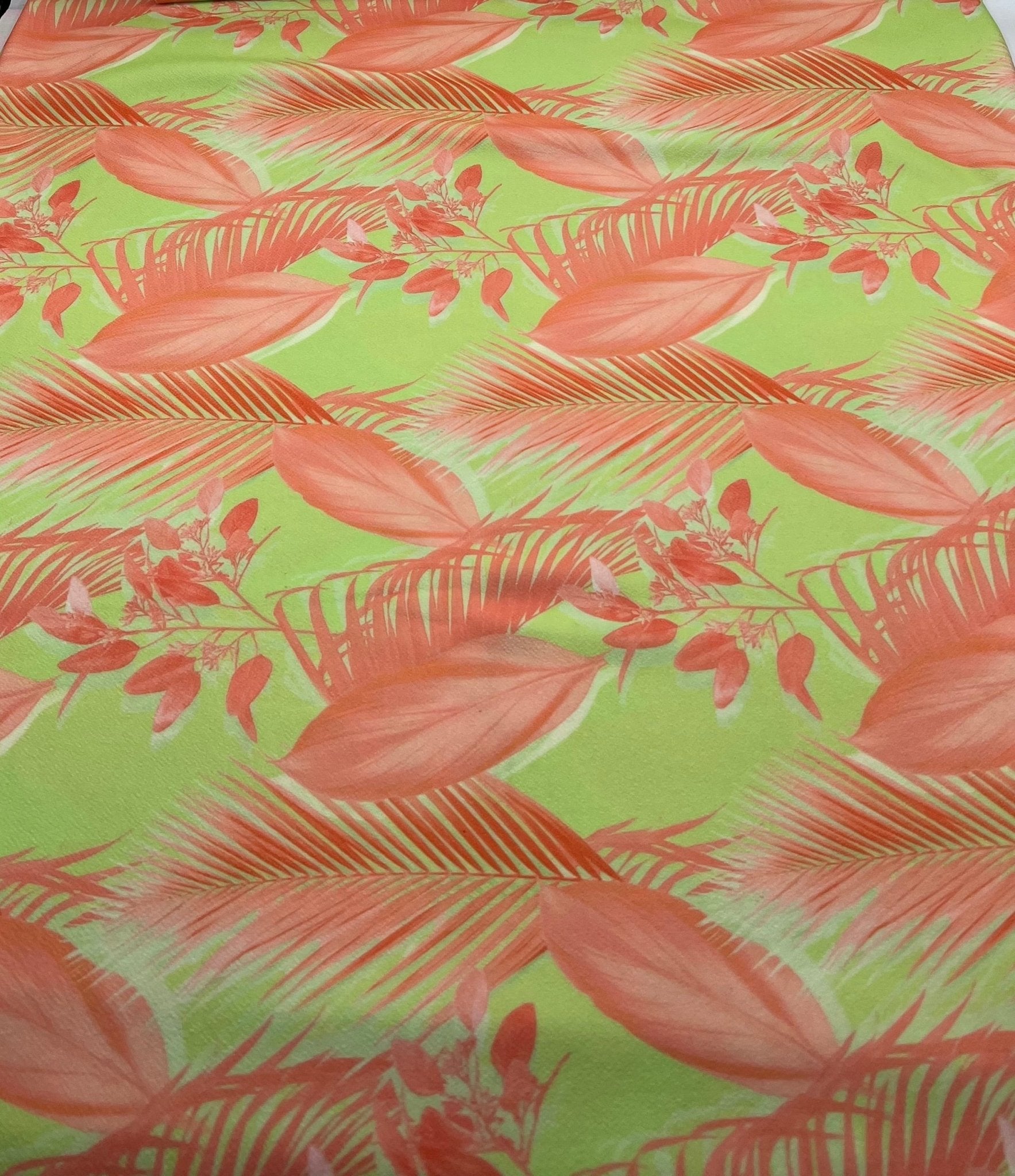 Bright Green & Orange Leaf Print Lightweight Jersey Crepe Fabric 4 Way Stretch - T9 Fabrics