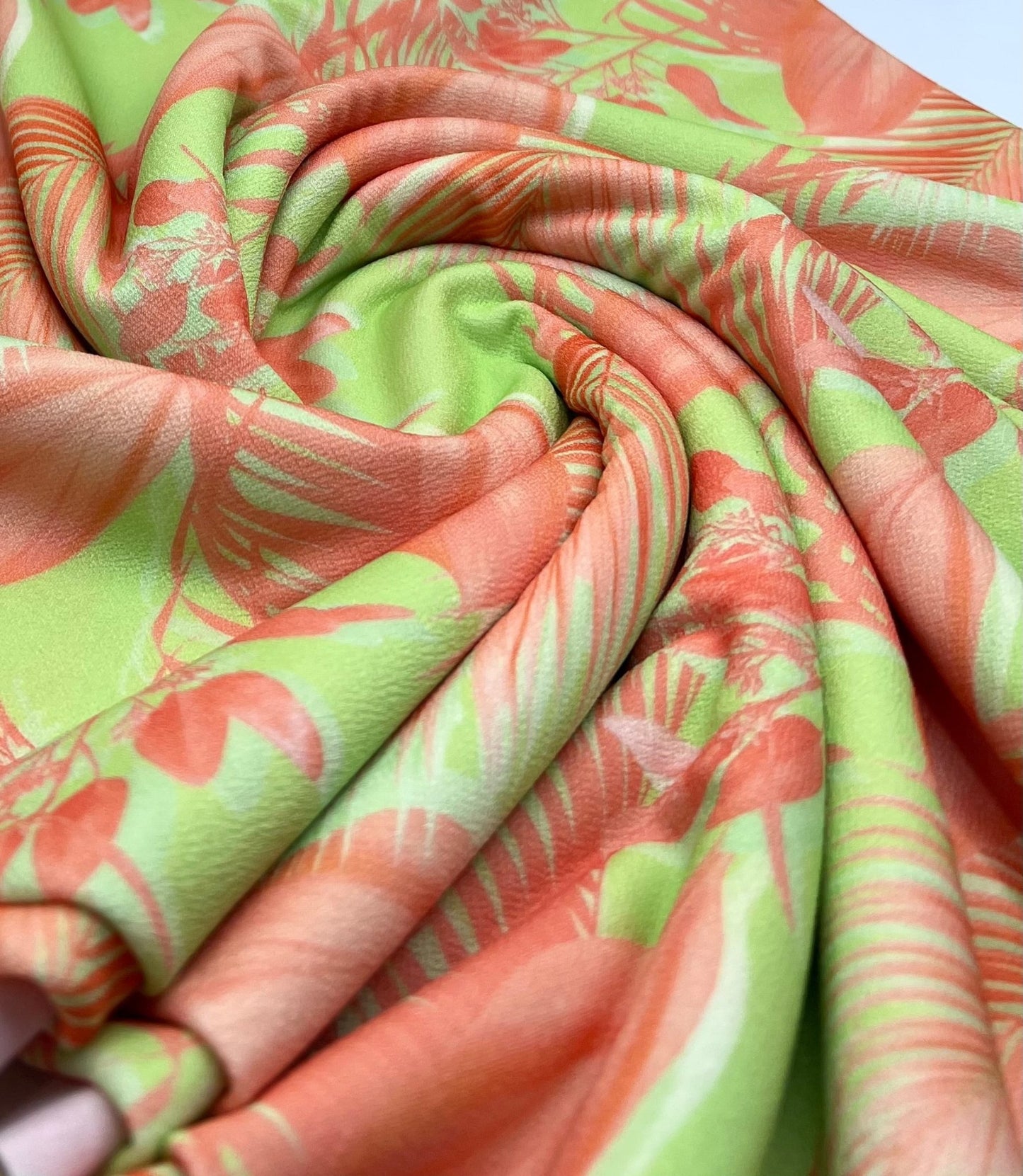 Bright Green & Orange Leaf Print Lightweight Jersey Crepe Fabric 4 Way Stretch - T9 Fabrics