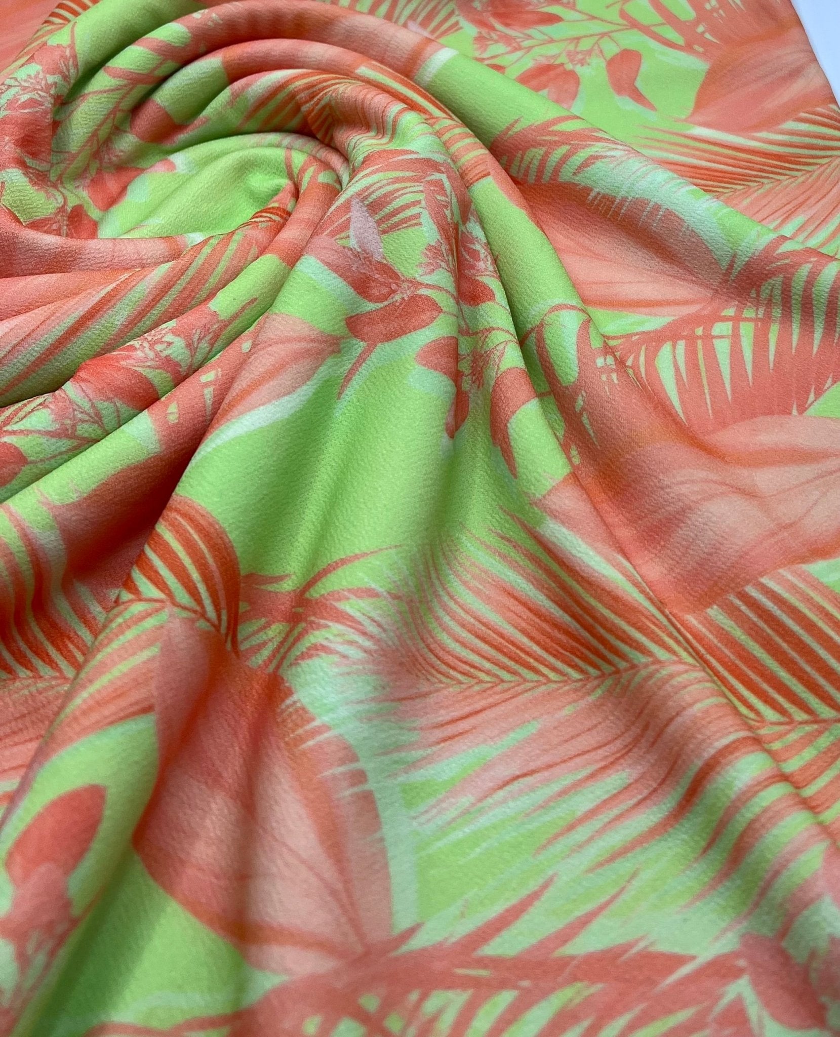 Bright Green & Orange Leaf Print Lightweight Jersey Crepe Fabric 4 Way Stretch - T9 Fabrics