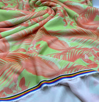 Bright Green & Orange Leaf Print Lightweight Jersey Crepe Fabric 4 Way Stretch - T9 Fabrics