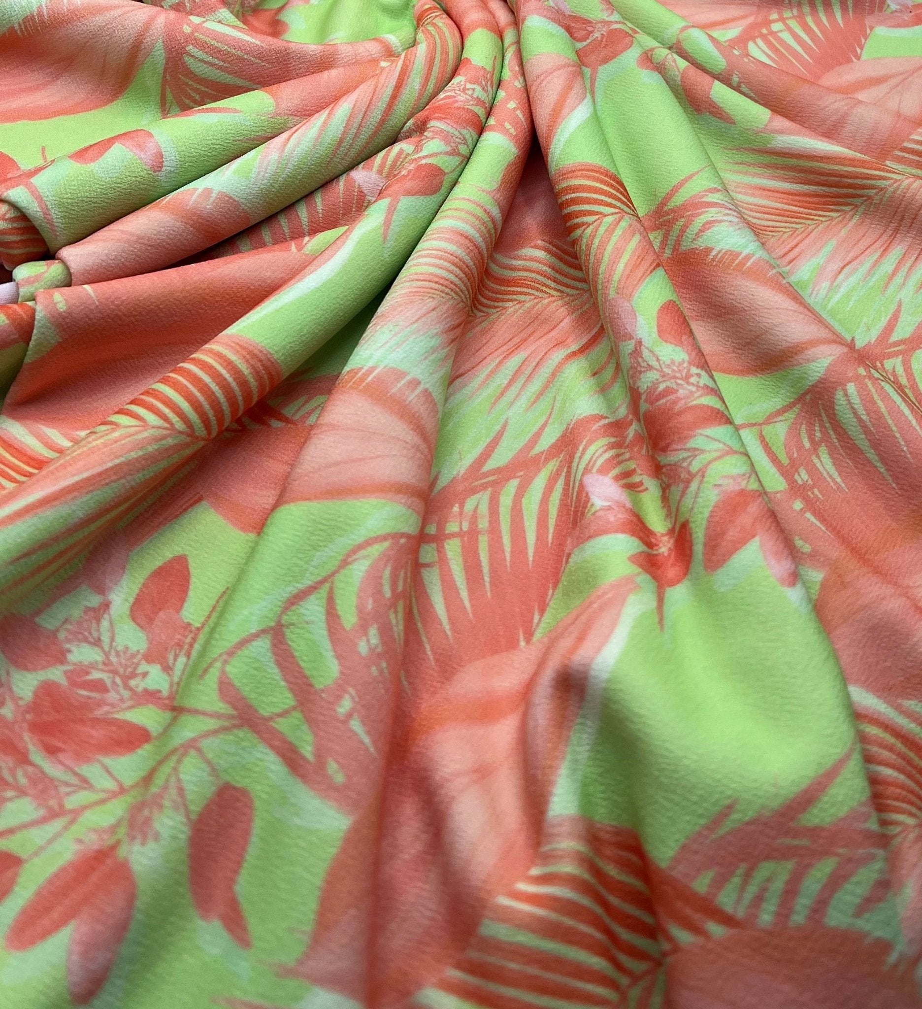 Bright Green & Orange Leaf Print Lightweight Jersey Crepe Fabric 4 Way Stretch - T9 Fabrics