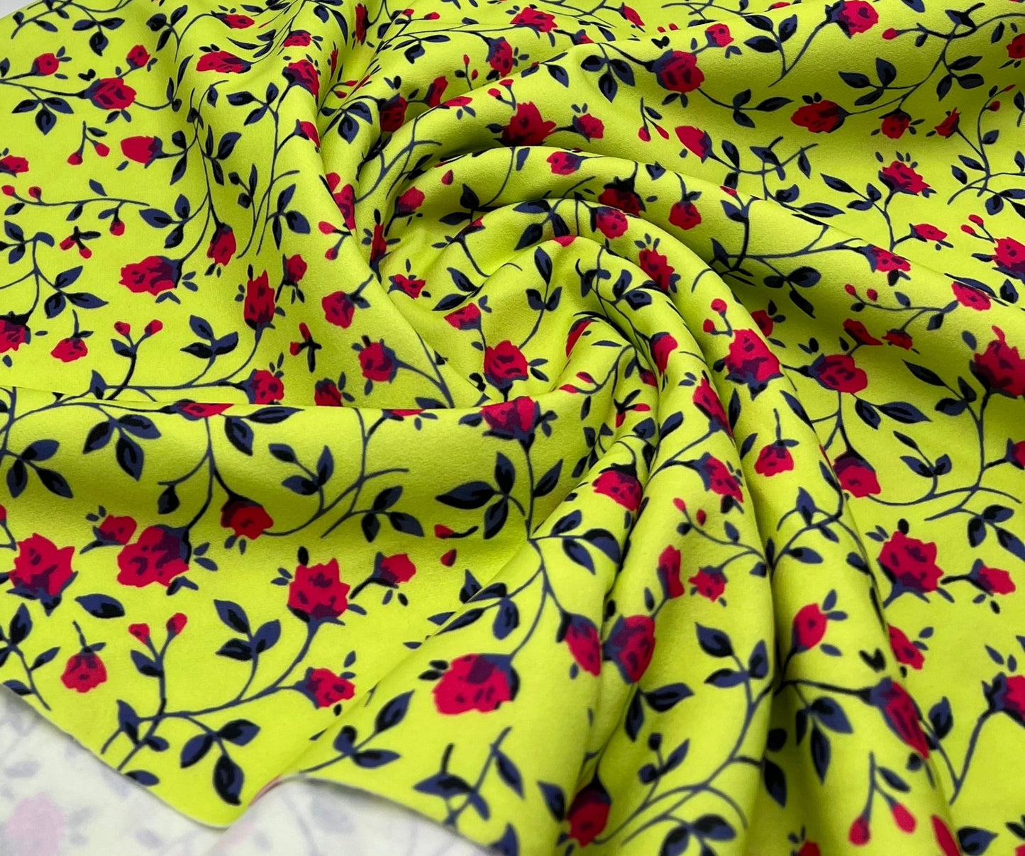 Bright Green & Red Ditsy Floral Printed Scuba Crepe Jersey Fabric 4 Way Stretch - T9 Fabrics