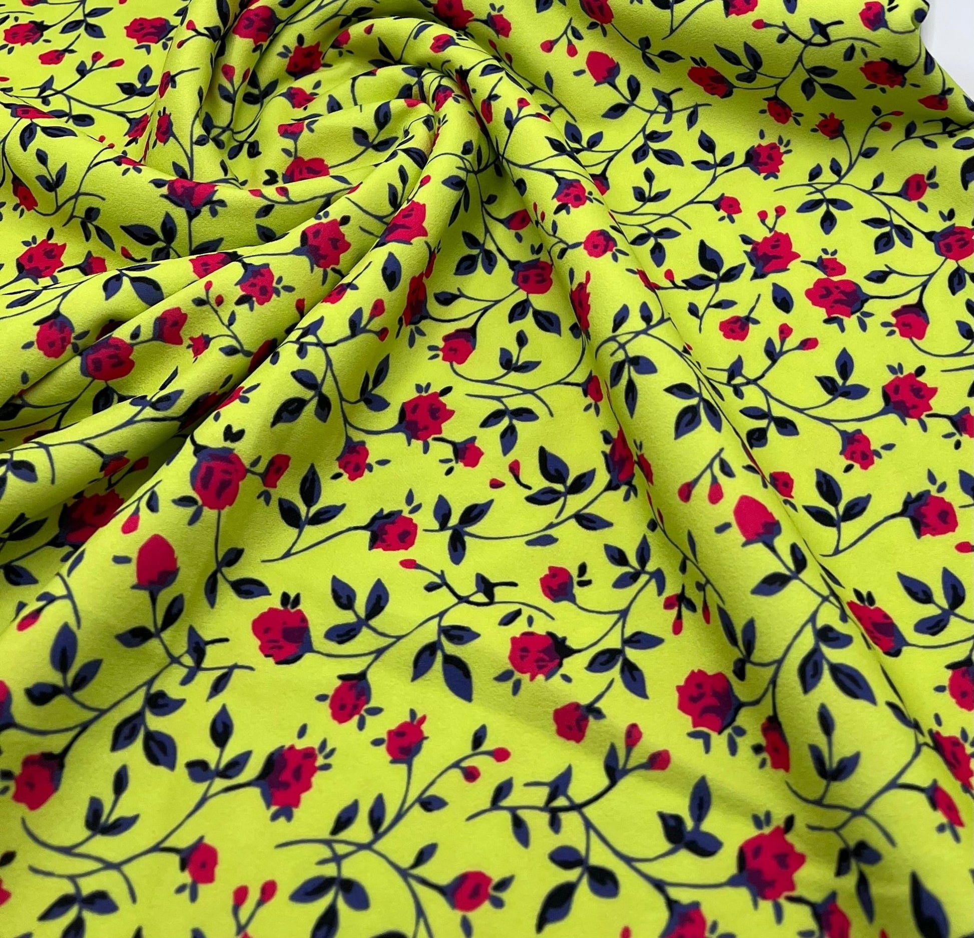 Bright Green & Red Ditsy Floral Printed Scuba Crepe Jersey Fabric 4 Way Stretch - T9 Fabrics