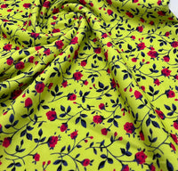 Bright Green & Red Ditsy Floral Printed Scuba Crepe Jersey Fabric 4 Way Stretch - T9 Fabrics