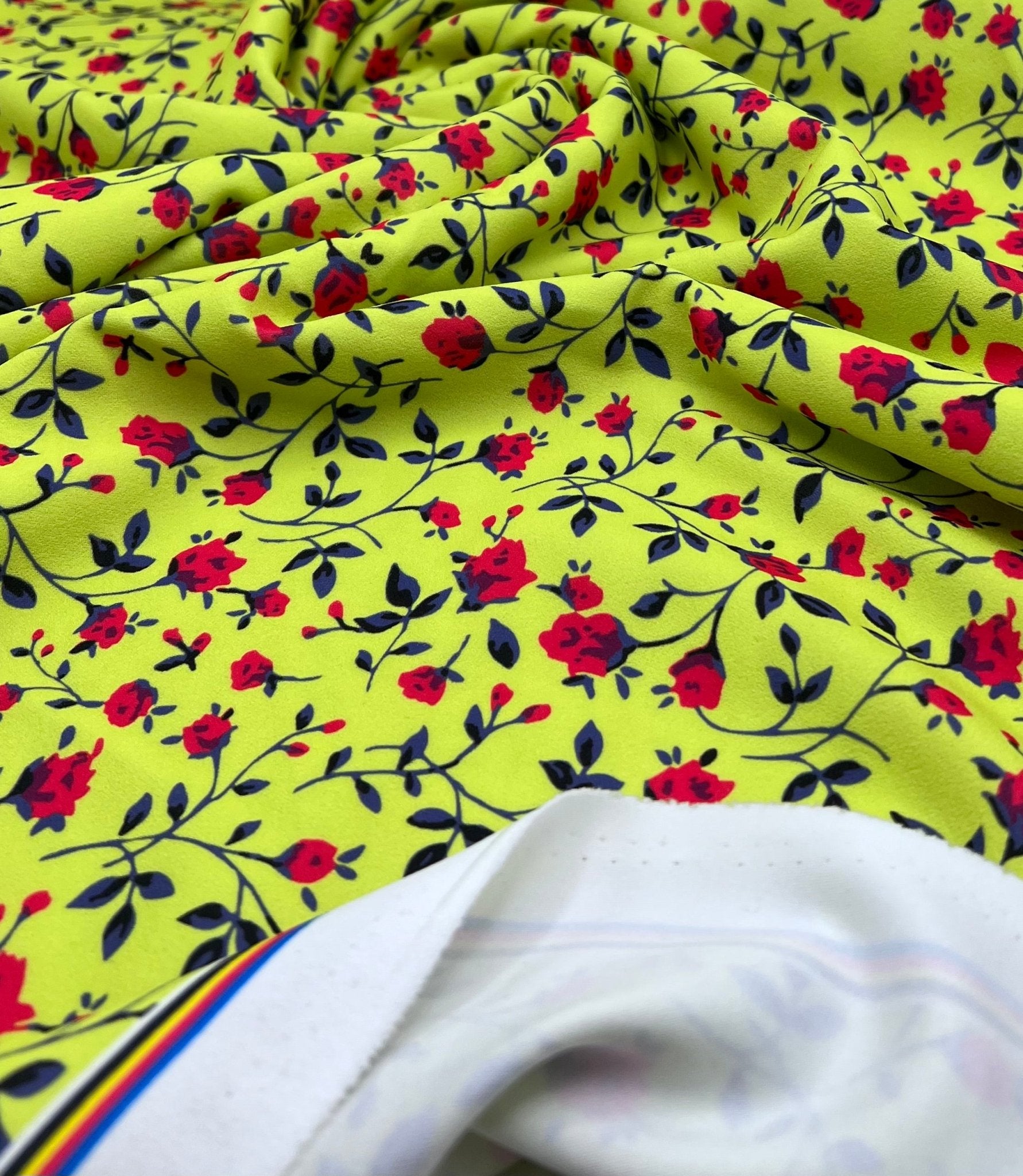 Bright Green & Red Ditsy Floral Printed Scuba Crepe Jersey Fabric 4 Way Stretch - T9 Fabrics