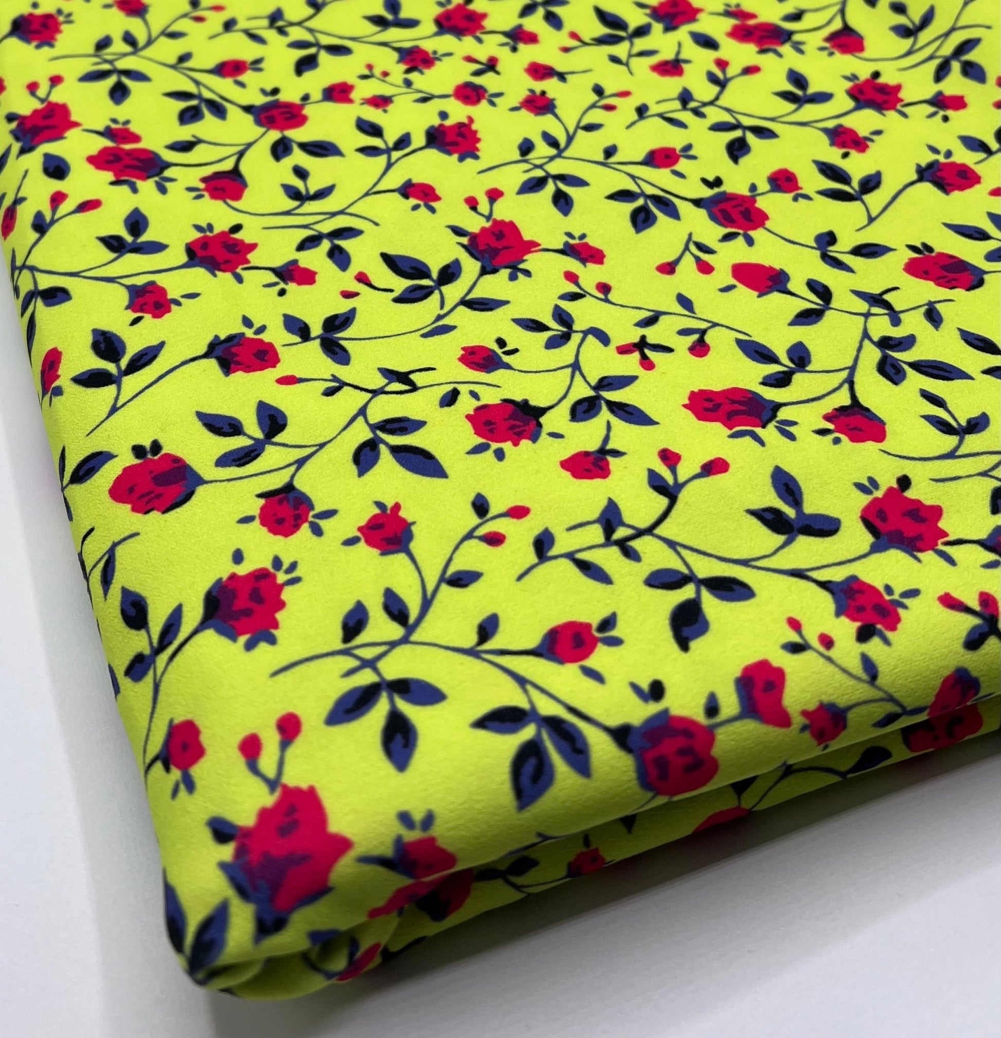 Bright Green & Red Ditsy Floral Printed Scuba Crepe Jersey Fabric 4 Way Stretch - T9 Fabrics