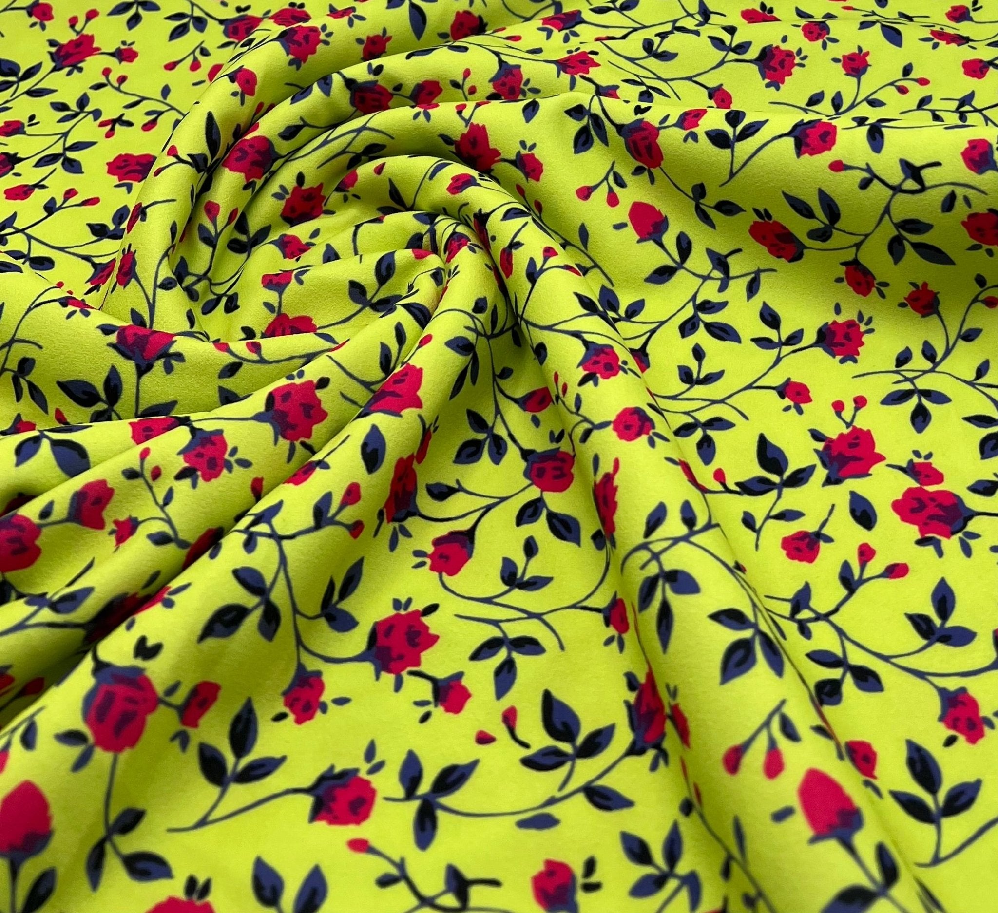 Bright Green & Red Ditsy Floral Printed Scuba Crepe Jersey Fabric 4 Way Stretch - T9 Fabrics