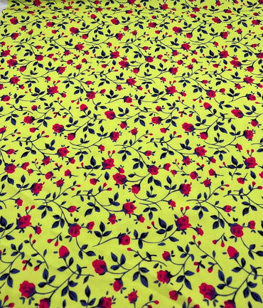 Bright Green & Red Ditsy Floral Printed Scuba Crepe Jersey Fabric 4 Way Stretch - T9 Fabrics