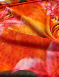 Bright Orange Pink Floral Print Mesh Fabric Stretch - T9 Fabrics