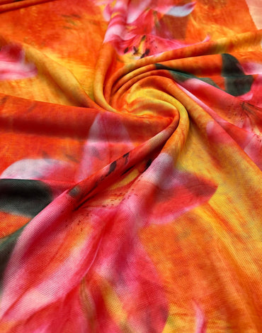 Bright Orange Pink Floral Print Mesh Fabric Stretch - T9 Fabrics