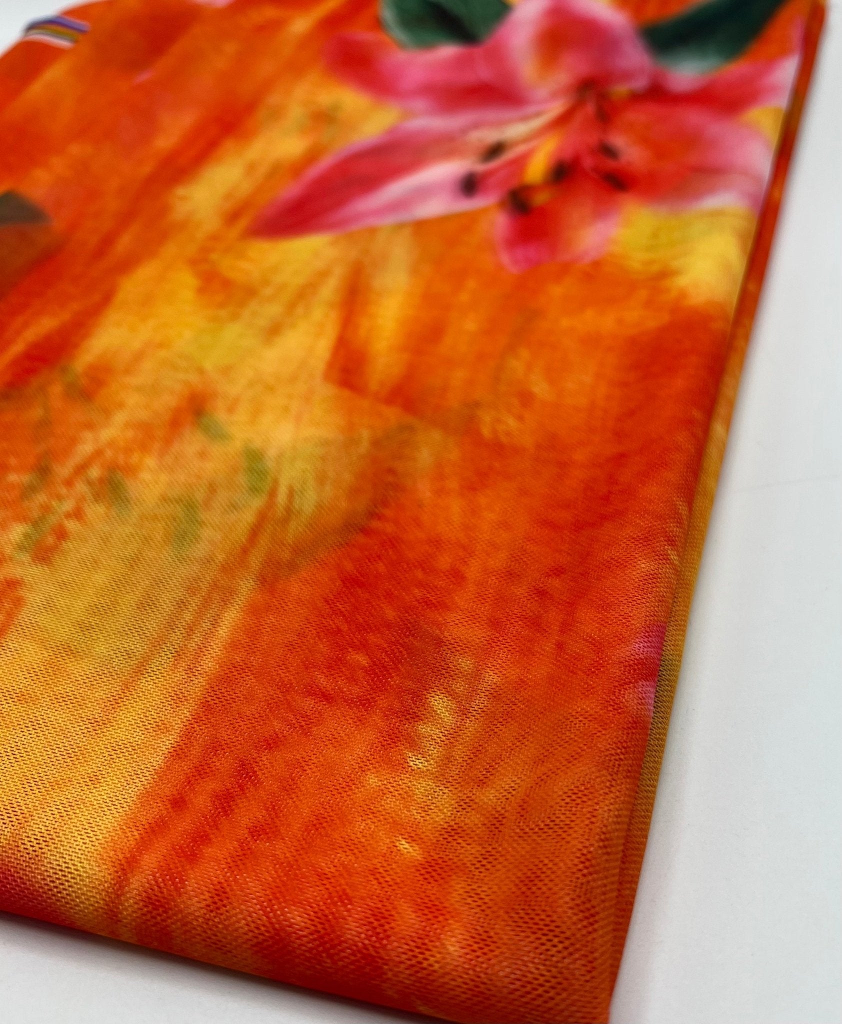 Bright Orange Pink Floral Print Mesh Fabric Stretch - T9 Fabrics