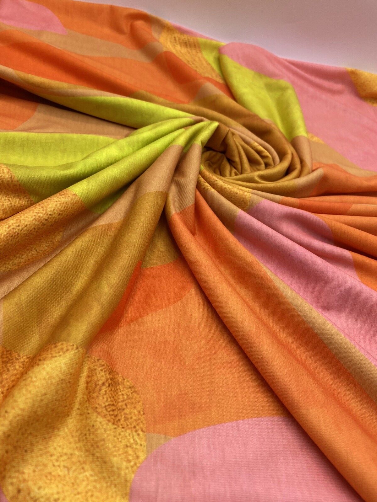 Bright Orange, Pink & Yellow Multi Print Spun Poly Stretch Fabric - T9 Fabrics