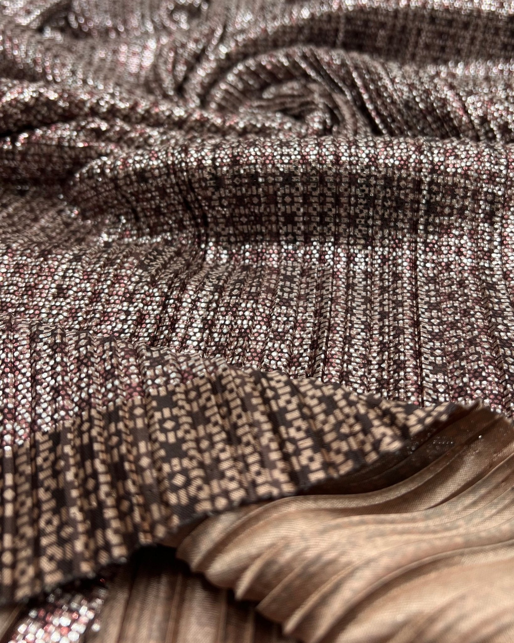 Bronze Silver Metallic Foil Shiny Plisse Pleated Stretch Fabric - T9 Fabrics