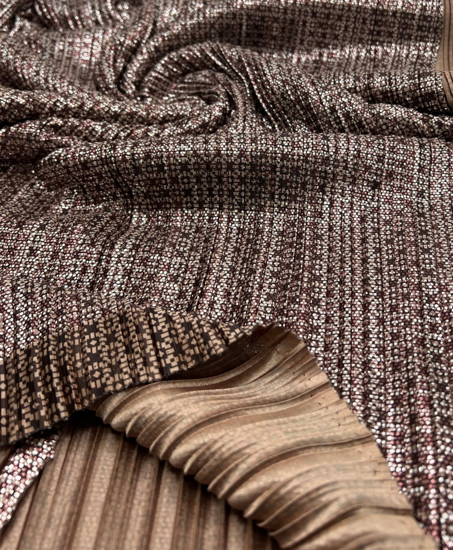 Bronze Silver Metallic Foil Shiny Plisse Pleated Stretch Fabric - T9 Fabrics