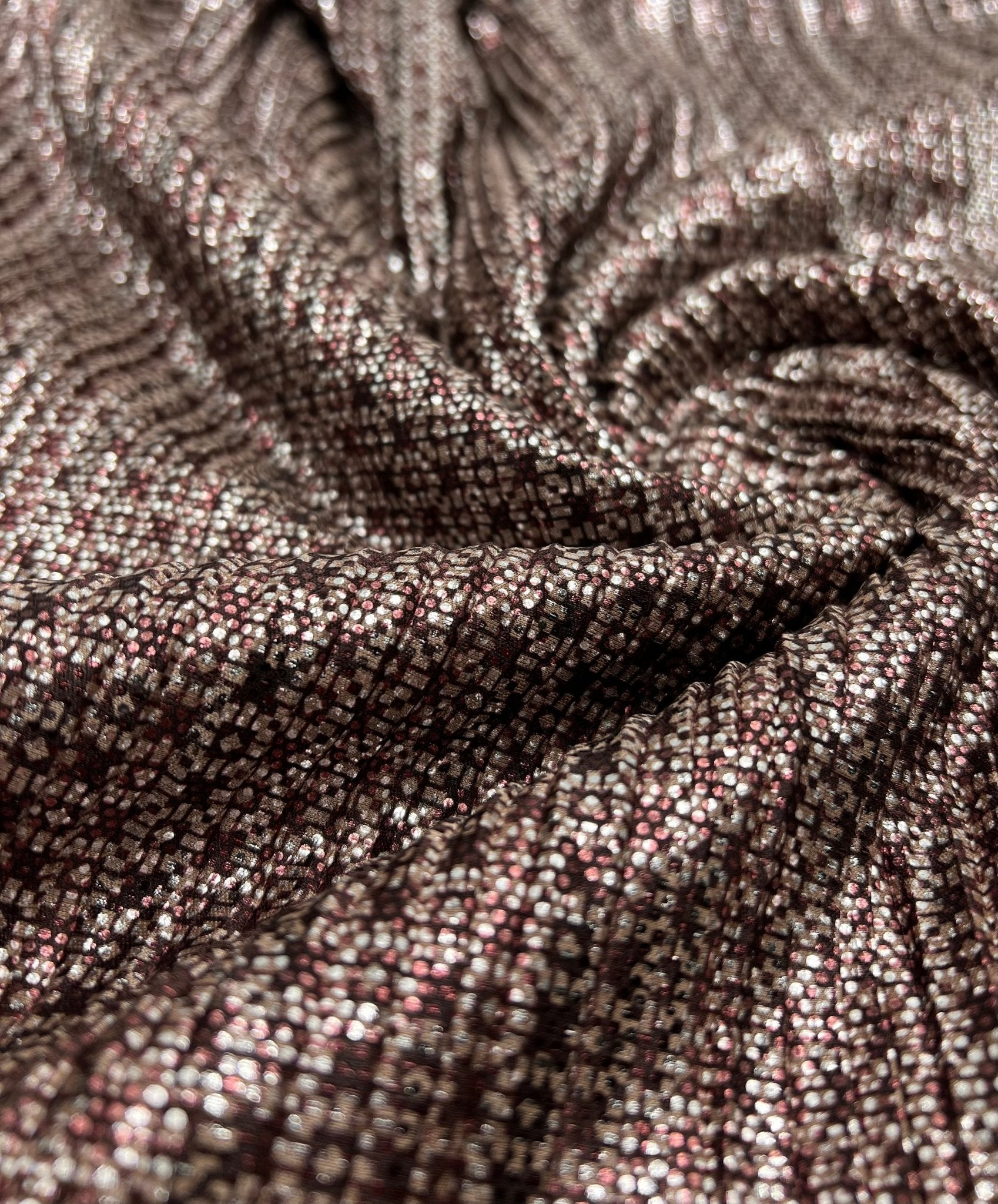 Bronze Silver Metallic Foil Shiny Plisse Pleated Stretch Fabric - T9 Fabrics