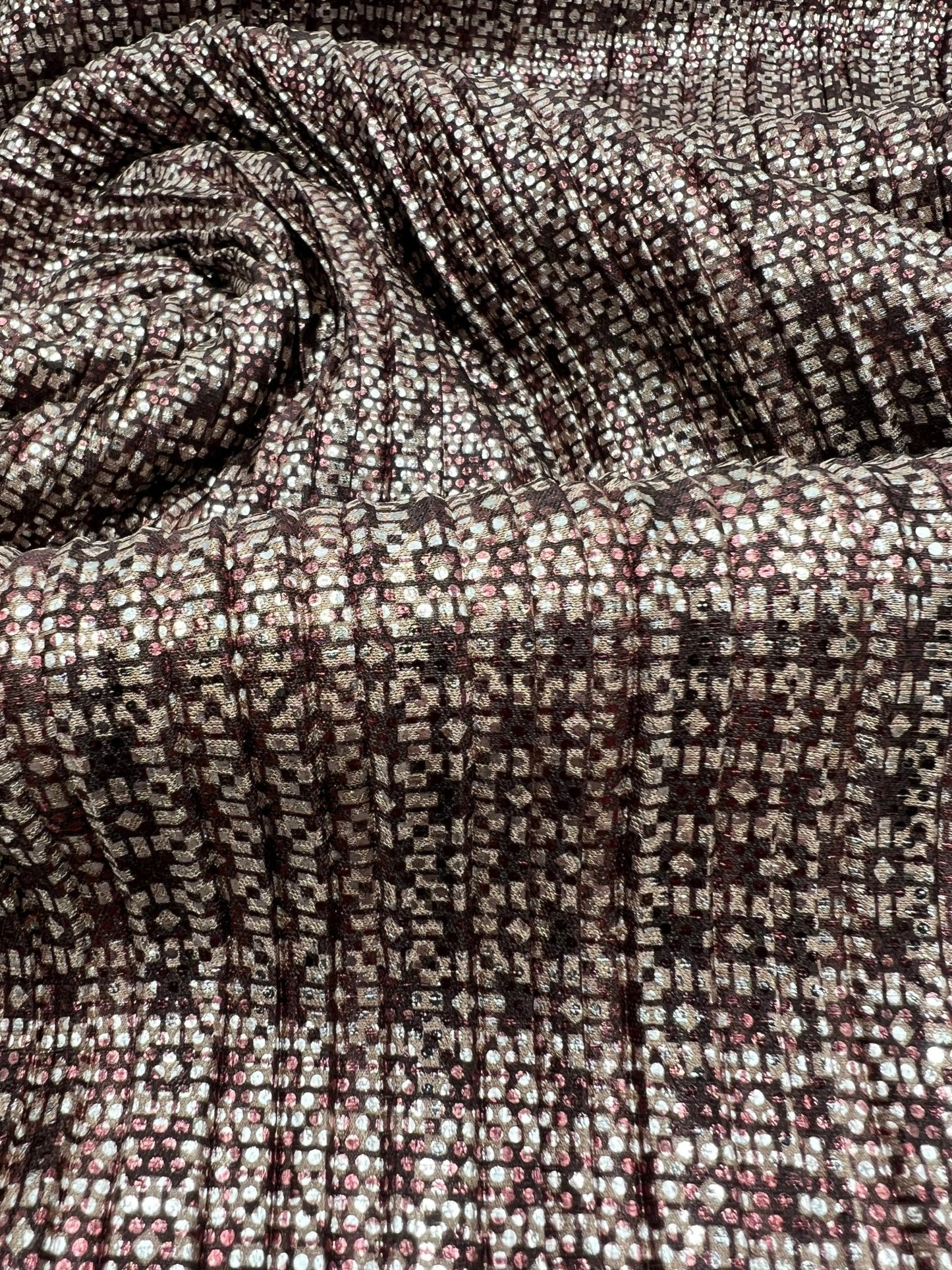 Bronze Silver Metallic Foil Shiny Plisse Pleated Stretch Fabric - T9 Fabrics