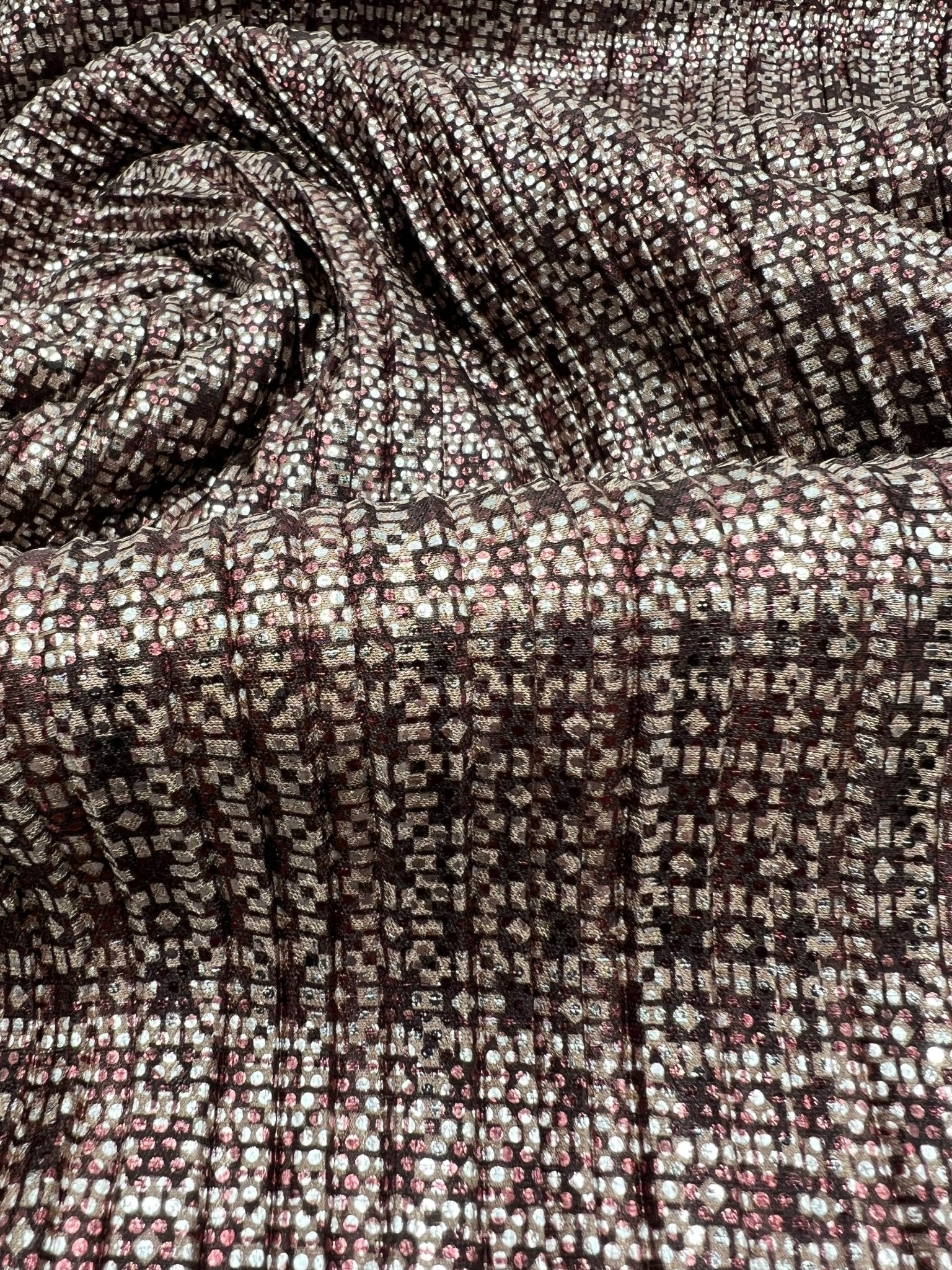 Bronze Silver Metallic Foil Shiny Plisse Pleated Stretch Fabric - T9 Fabrics