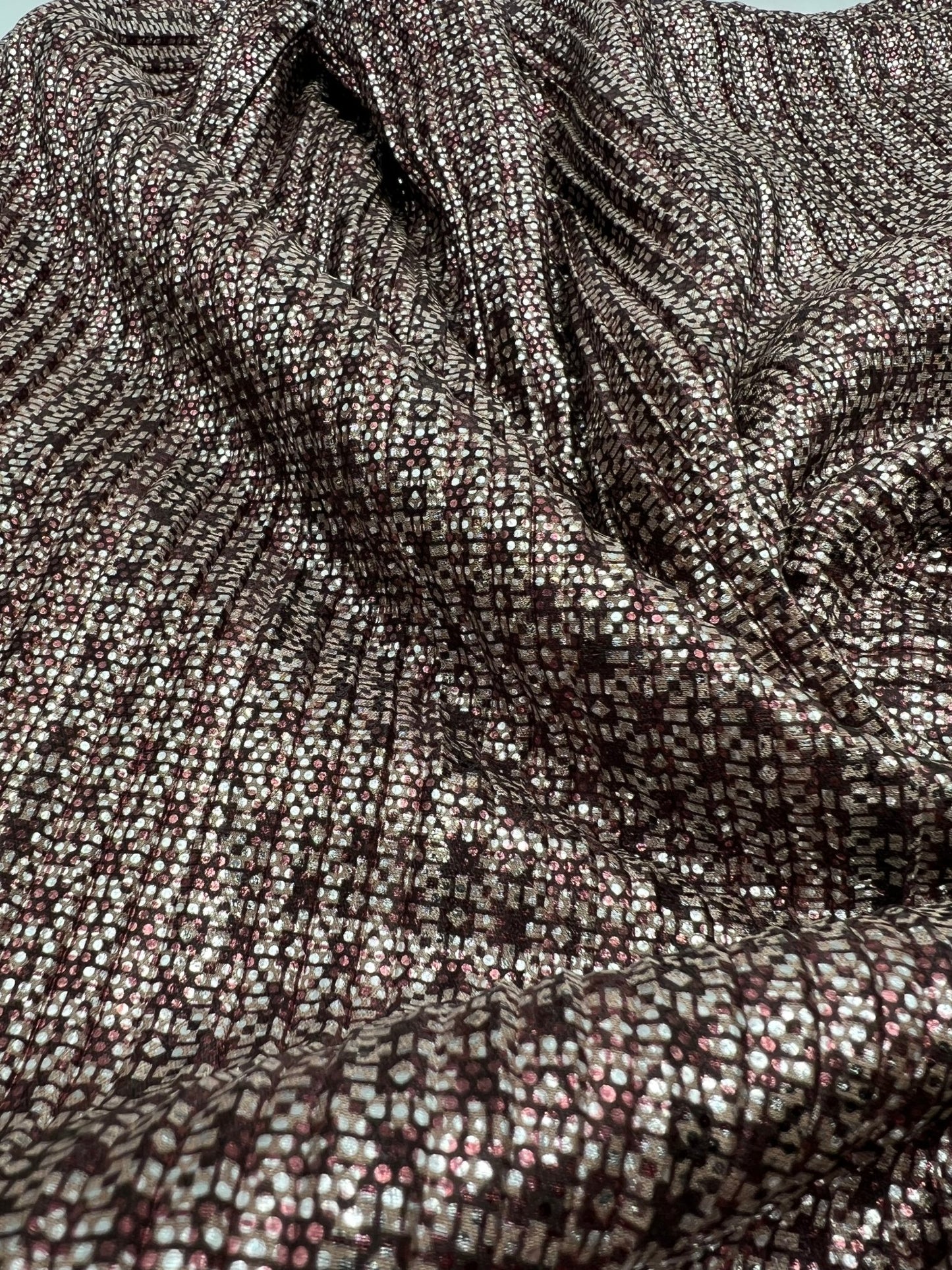 Bronze Silver Metallic Foil Shiny Plisse Pleated Stretch Fabric - T9 Fabrics