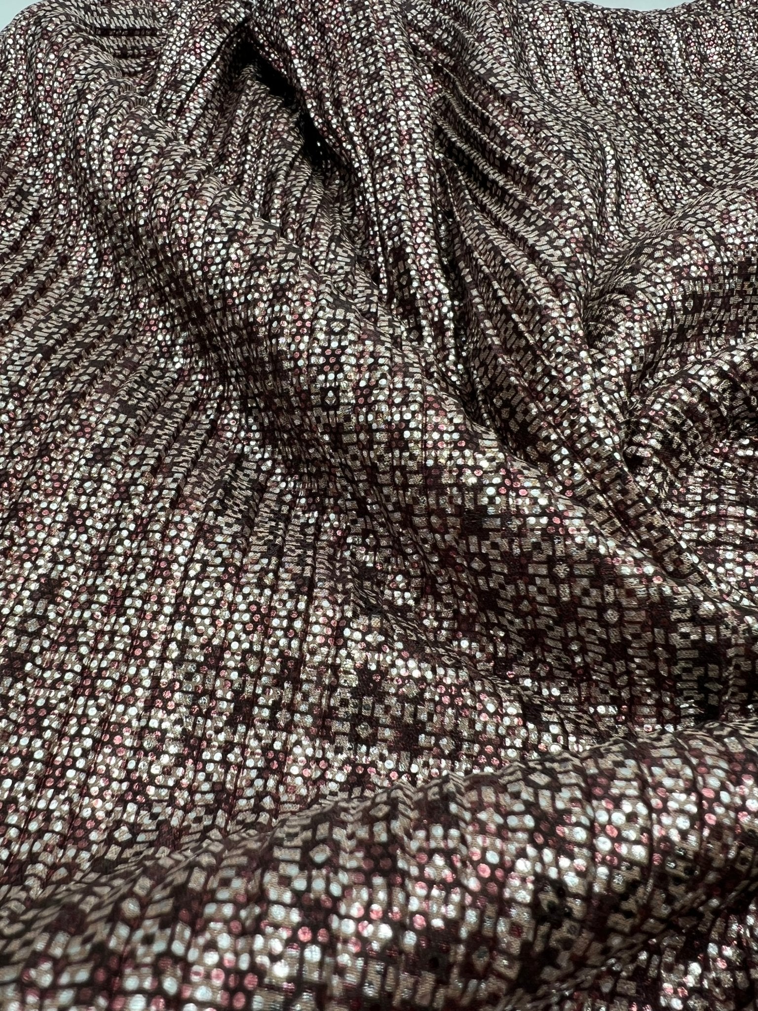 Bronze Silver Metallic Foil Shiny Plisse Pleated Stretch Fabric - T9 Fabrics