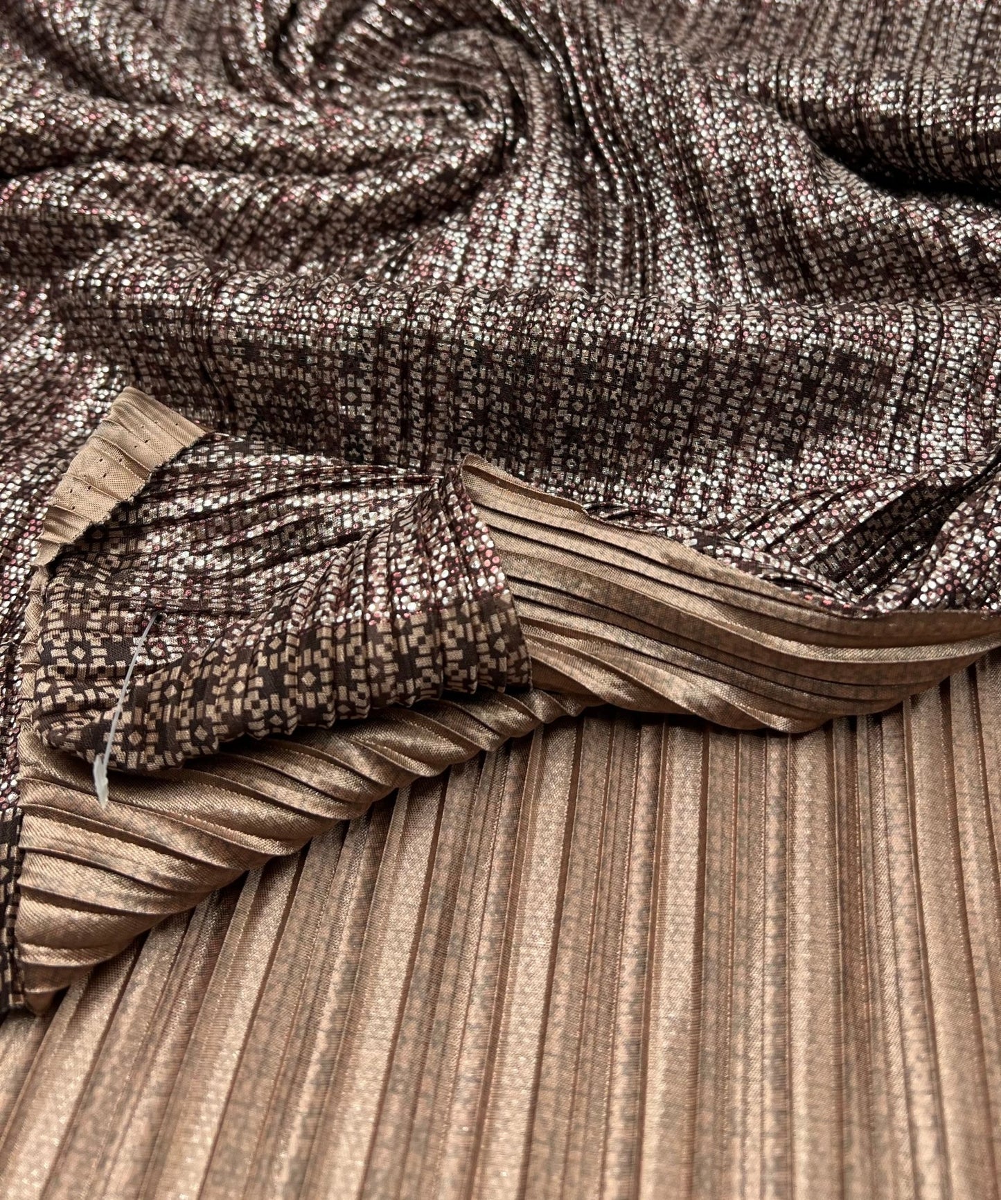 Bronze Silver Metallic Foil Shiny Plisse Pleated Stretch Fabric - T9 Fabrics