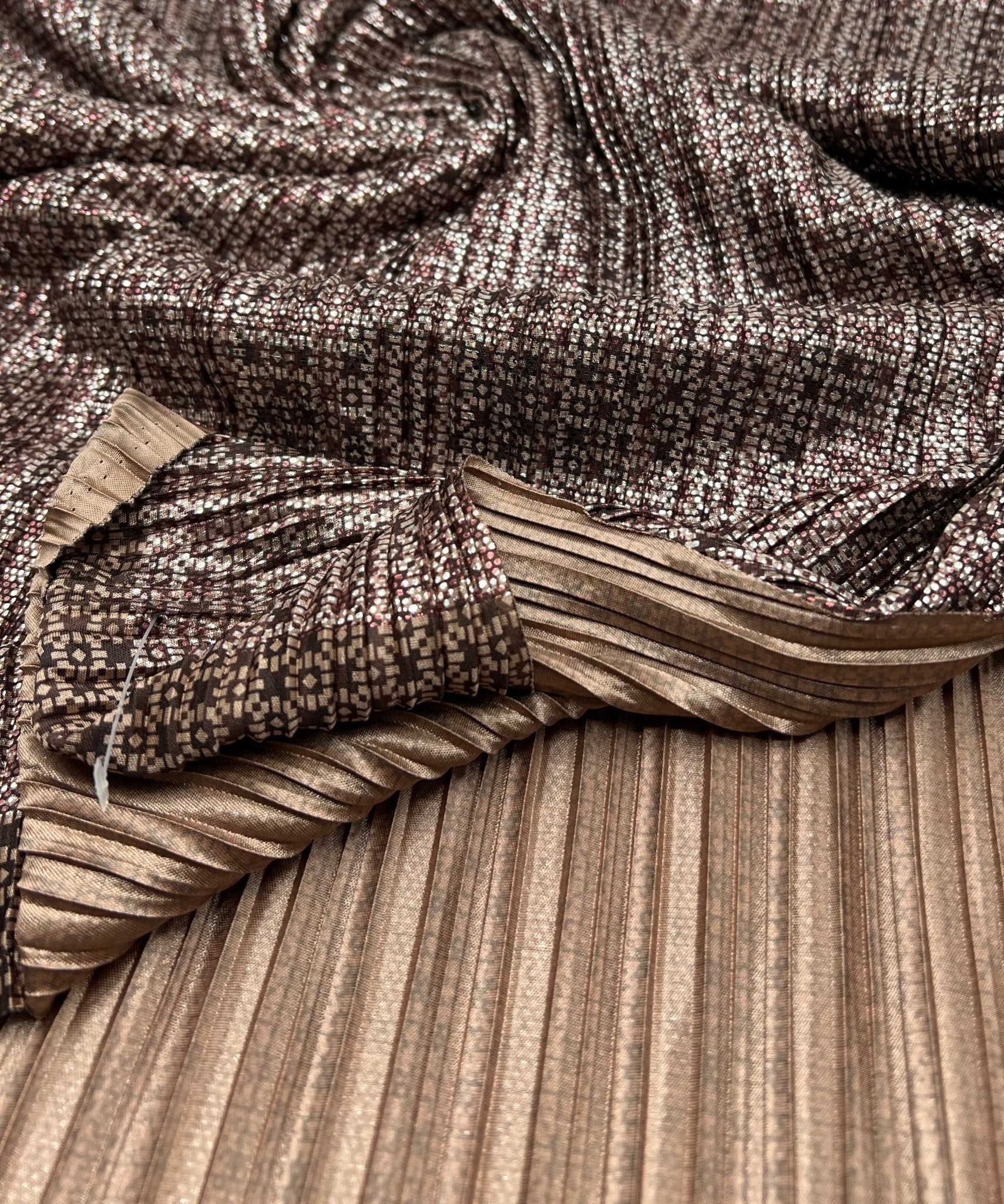 Bronze Silver Metallic Foil Shiny Plisse Pleated Stretch Fabric - T9 Fabrics
