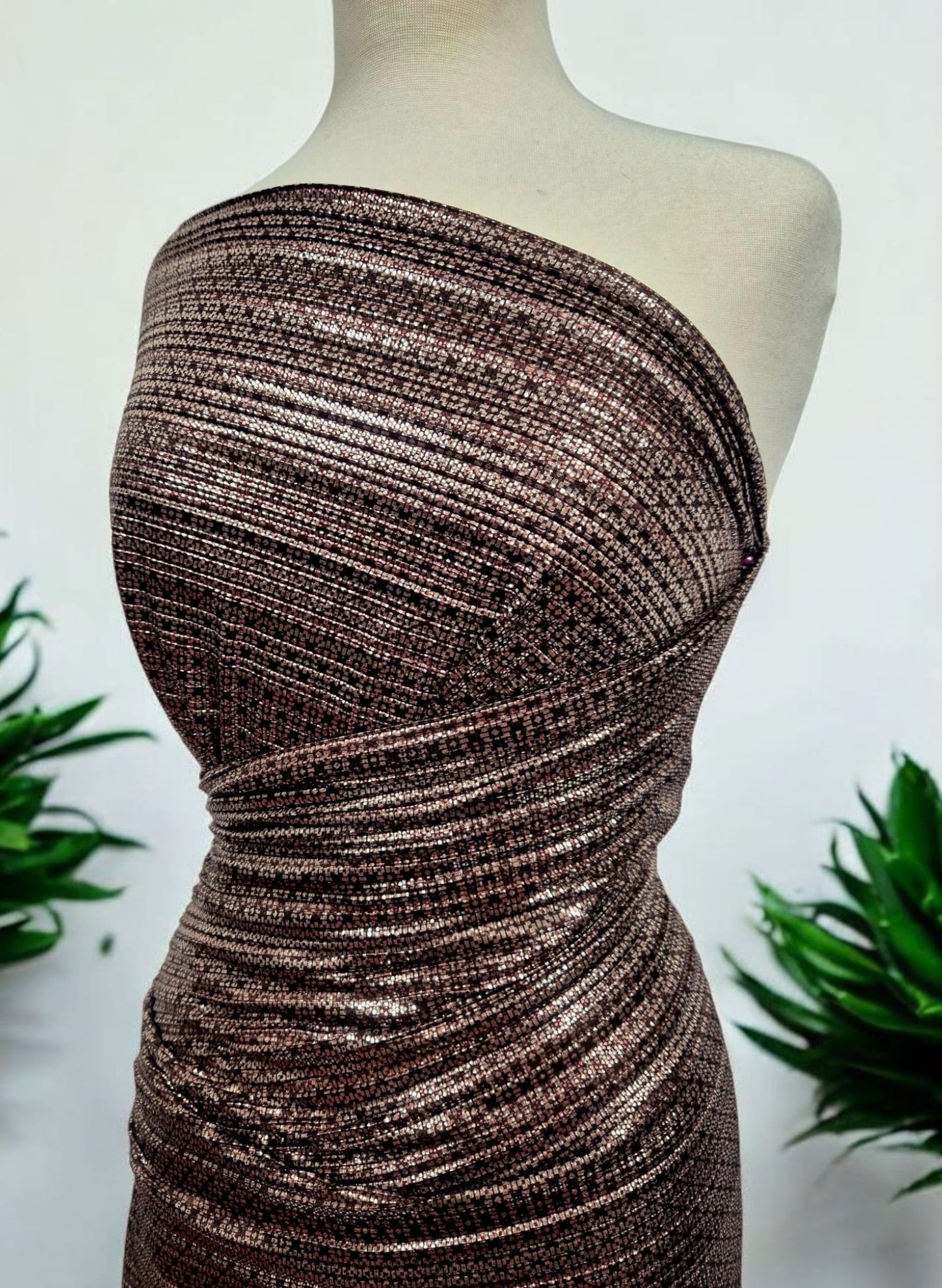 Bronze Silver Metallic Foil Shiny Plisse Pleated Stretch Fabric - T9 Fabrics