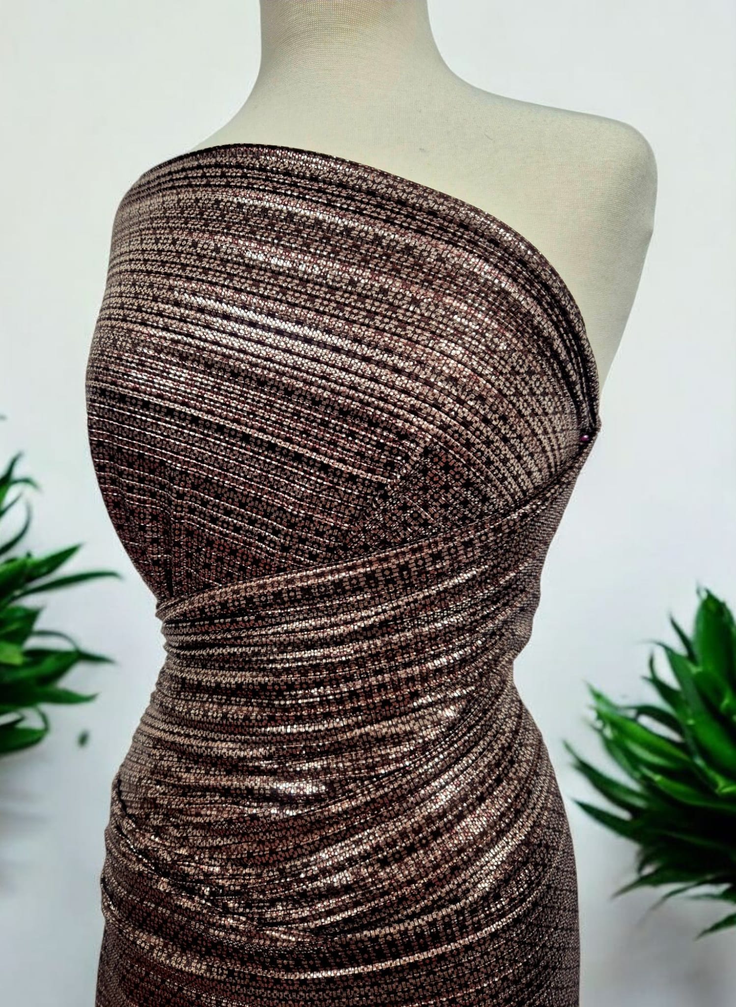 Bronze Silver Metallic Foil Shiny Plisse Pleated Stretch Fabric - T9 Fabrics