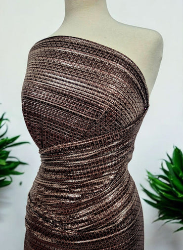 Bronze Silver Metallic Foil Shiny Plisse Pleated Stretch Fabric - T9 Fabrics