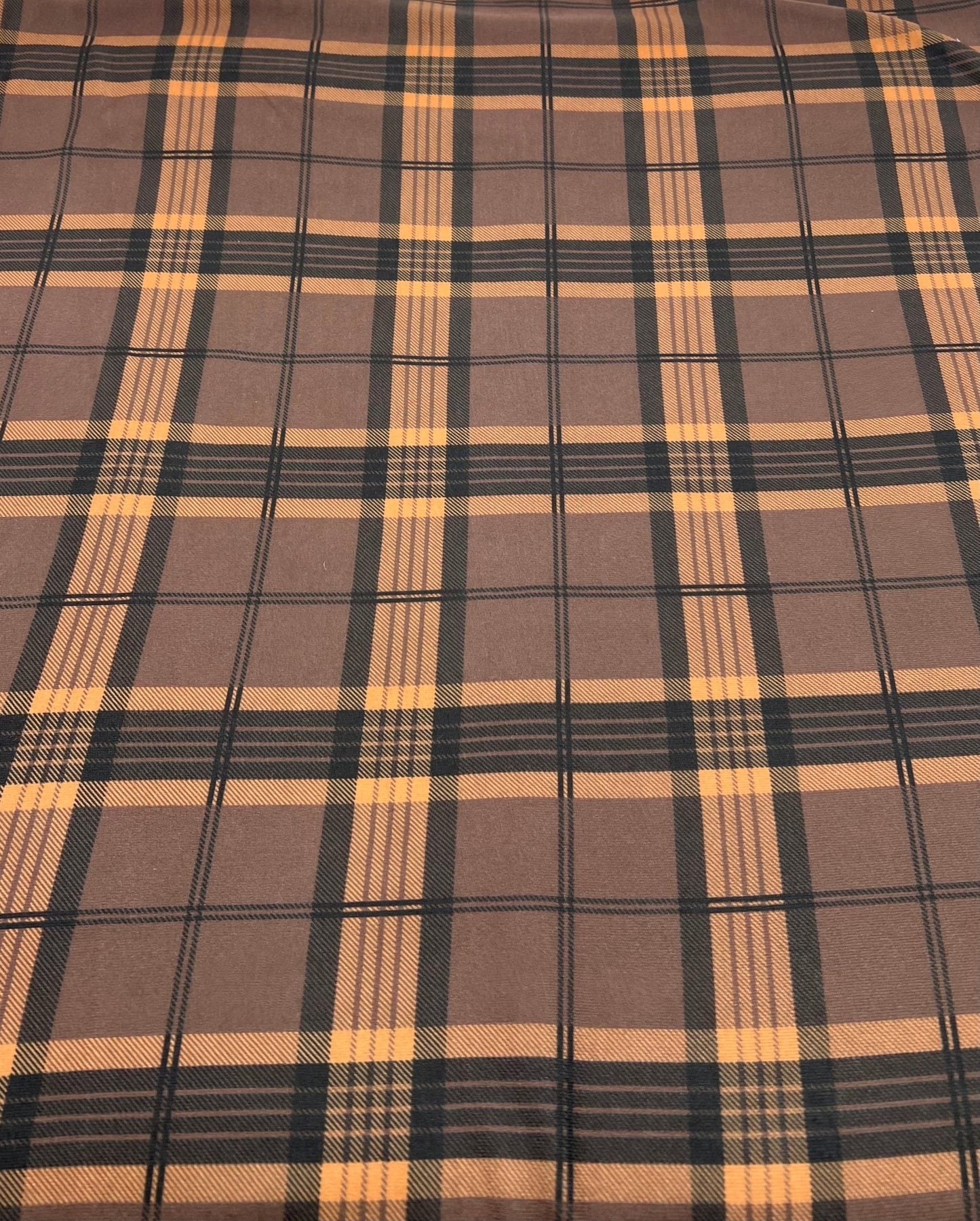 Brown Orange Check Print Spun Poly Stretch Fabric - T9 Fabrics