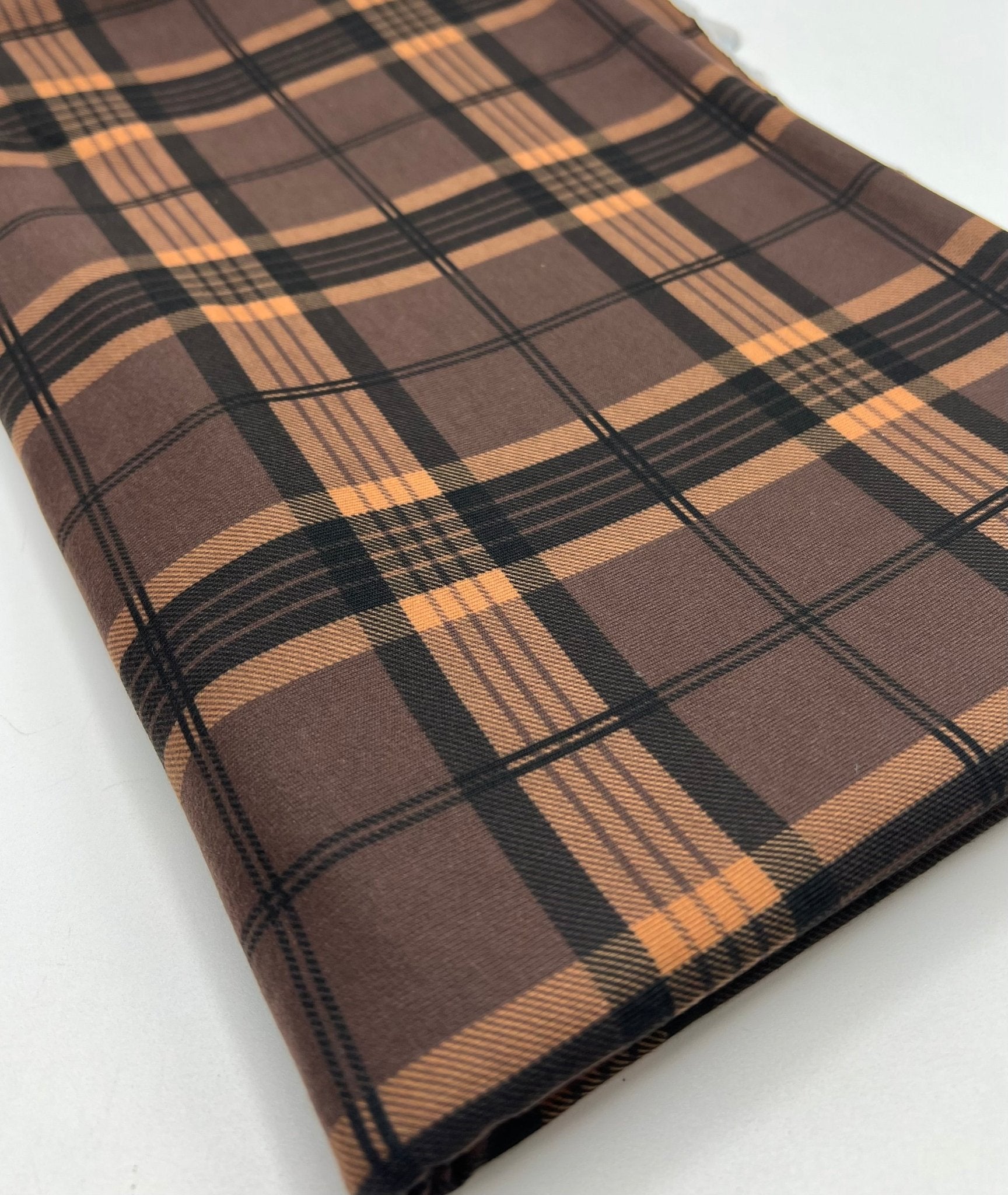 Brown Orange Check Print Spun Poly Stretch Fabric - T9 Fabrics