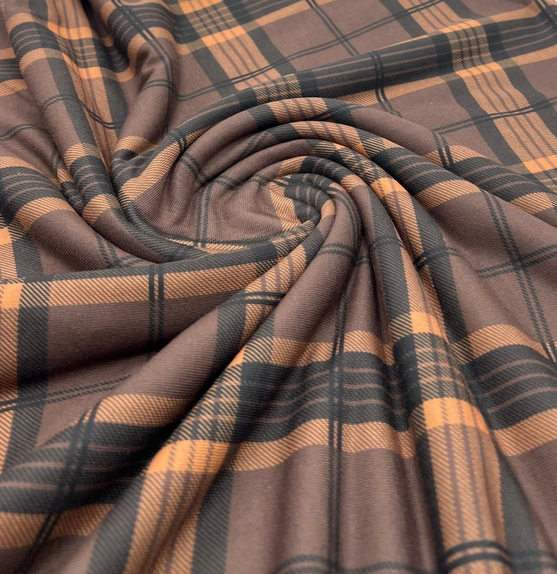 Brown Orange Check Print Spun Poly Stretch Fabric - T9 Fabrics