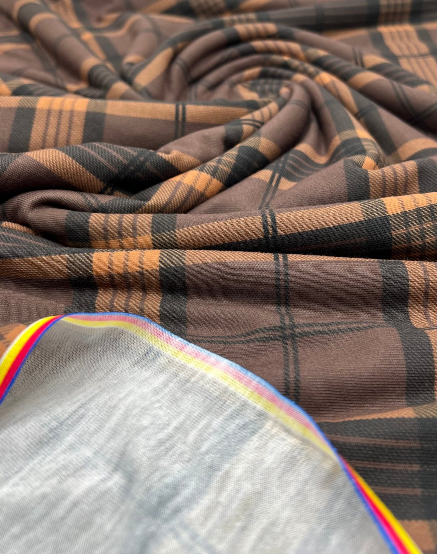 Brown Orange Check Print Spun Poly Stretch Fabric - T9 Fabrics