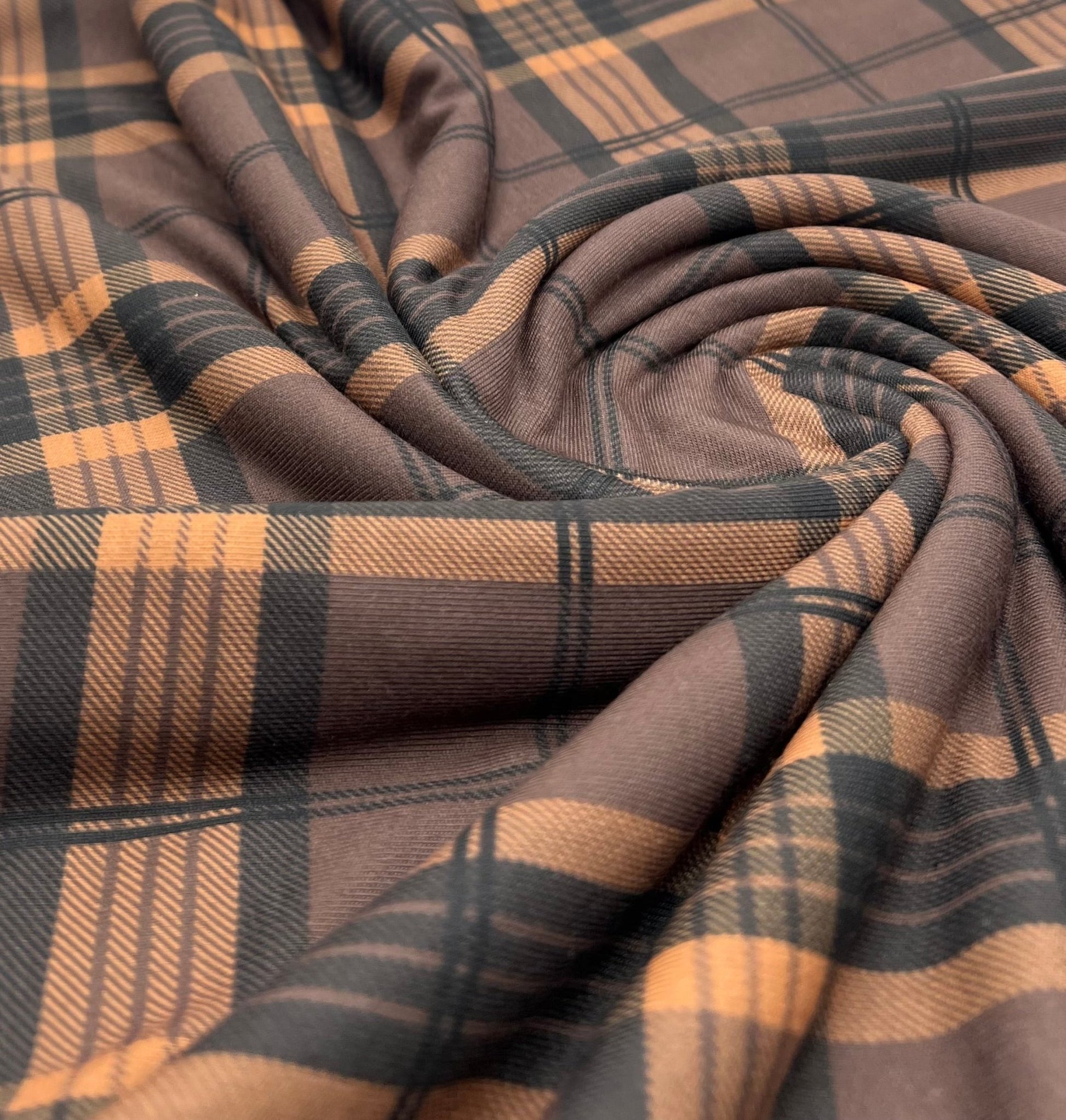 Brown Orange Check Print Spun Poly Stretch Fabric - T9 Fabrics