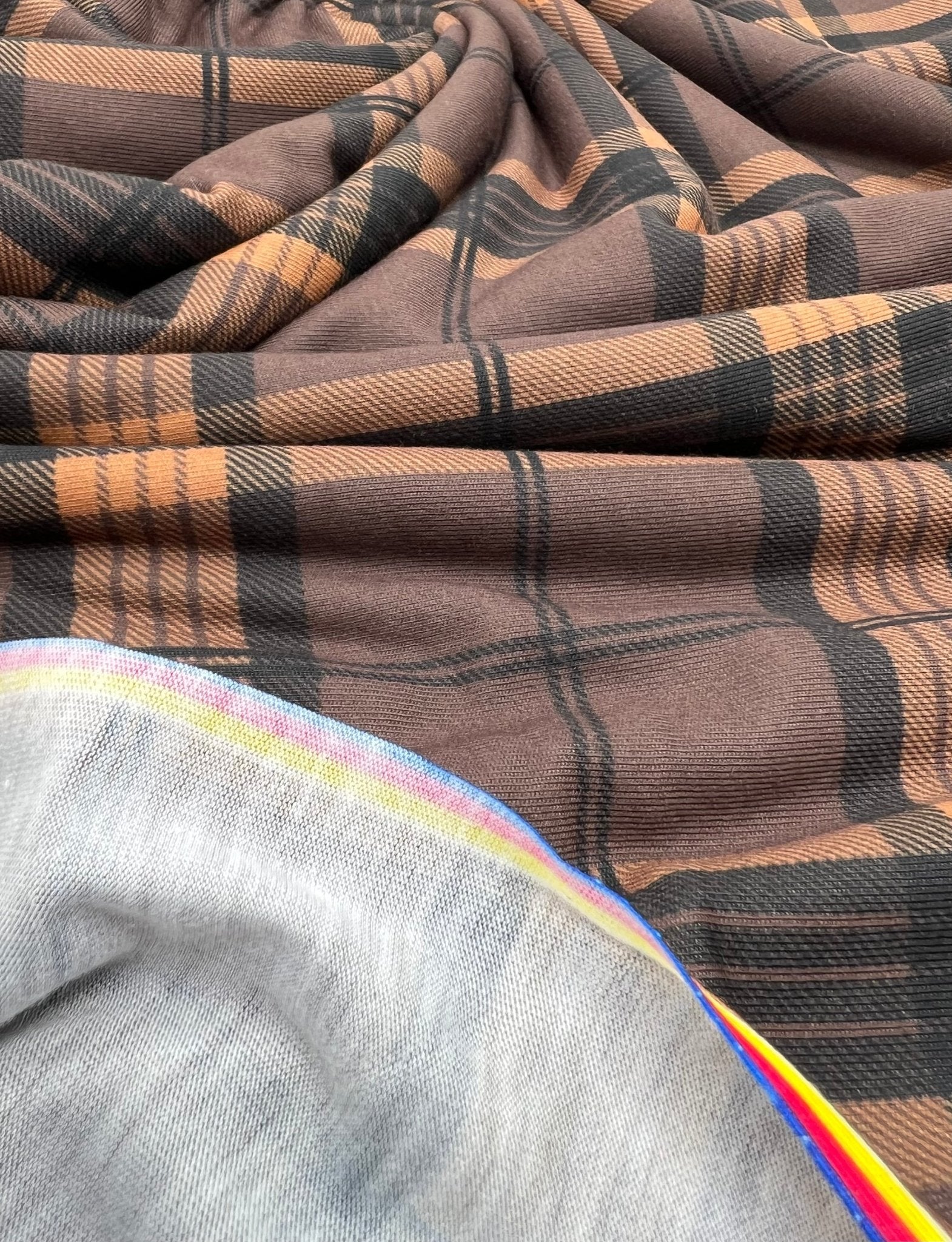 Brown Orange Check Print Spun Poly Stretch Fabric - T9 Fabrics