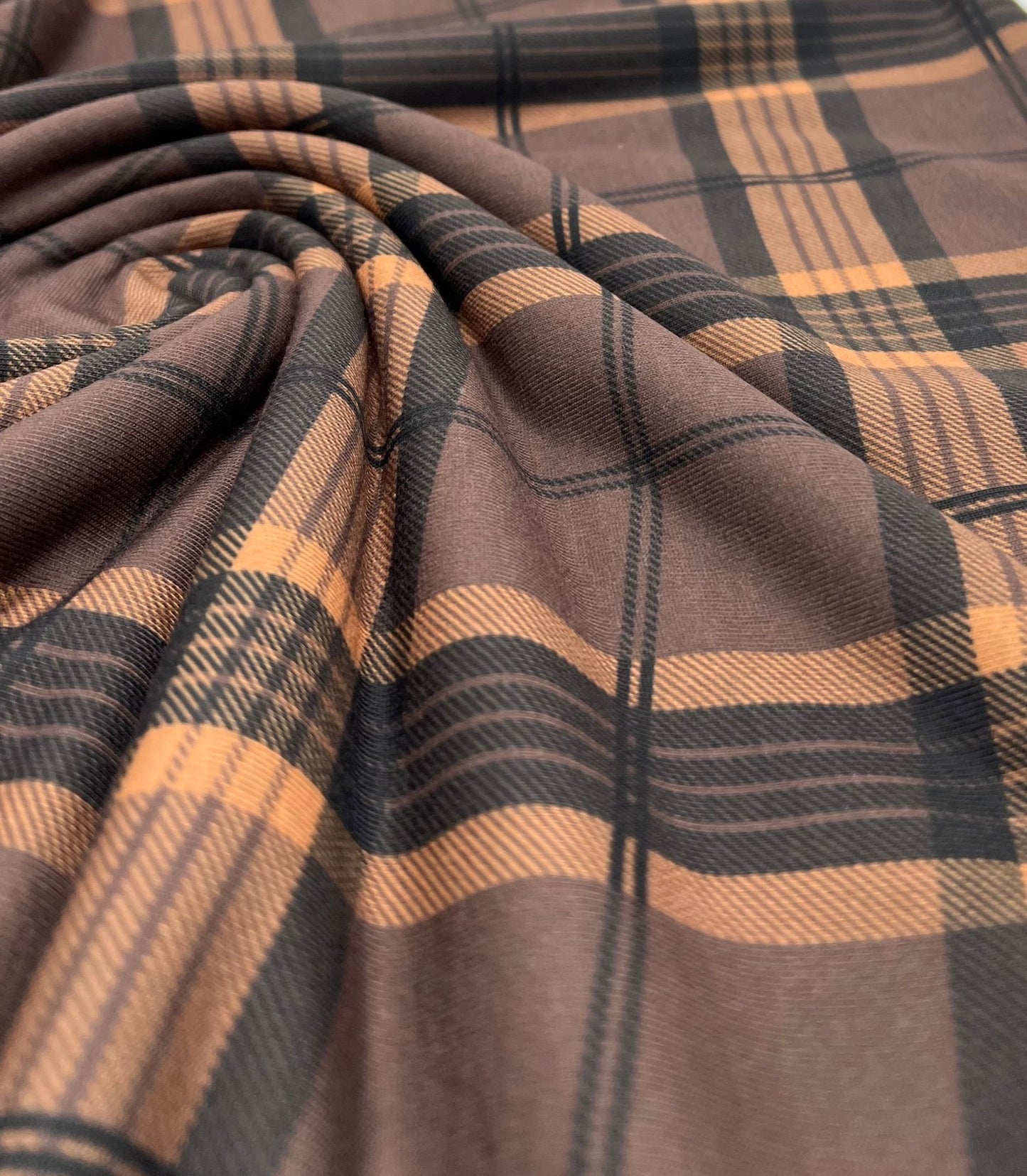 Brown Orange Check Print Spun Poly Stretch Fabric - T9 Fabrics