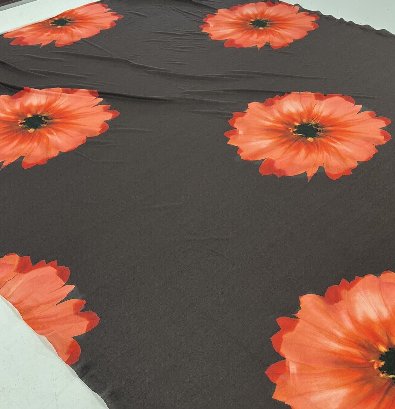 Brown Orange Flower Spun Poly Stretch Fabric - T9 Fabrics