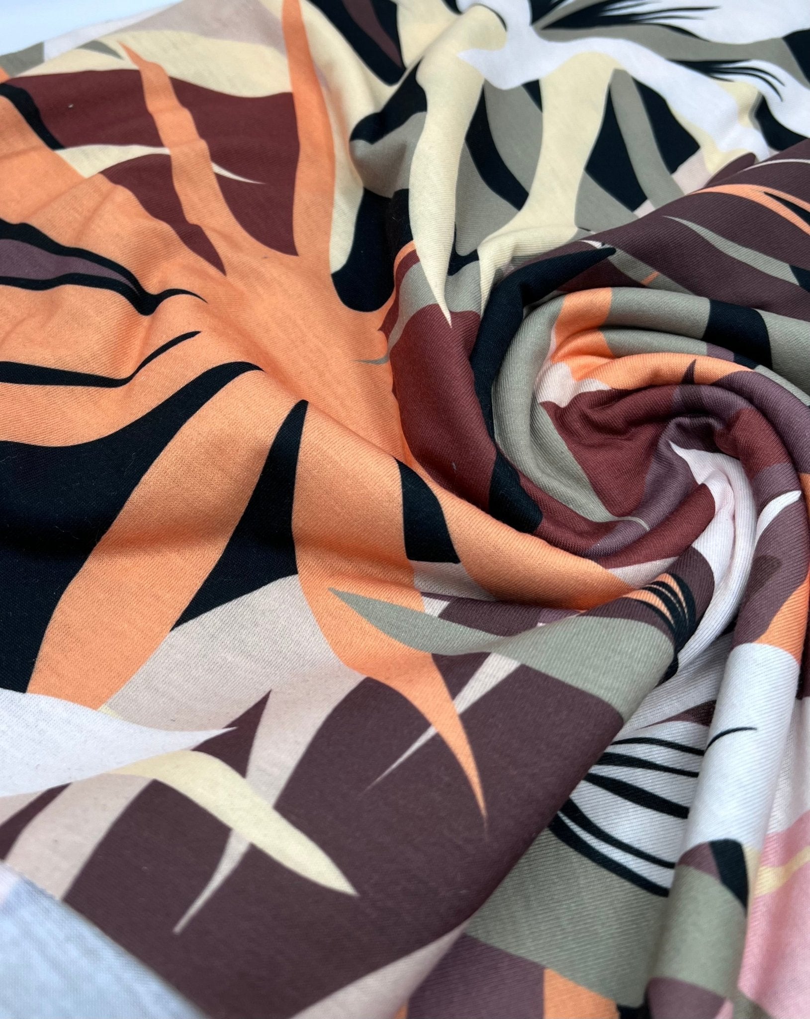 Brown Orange Mix Print Spun Poly Stretch Fabric - T9 Fabrics