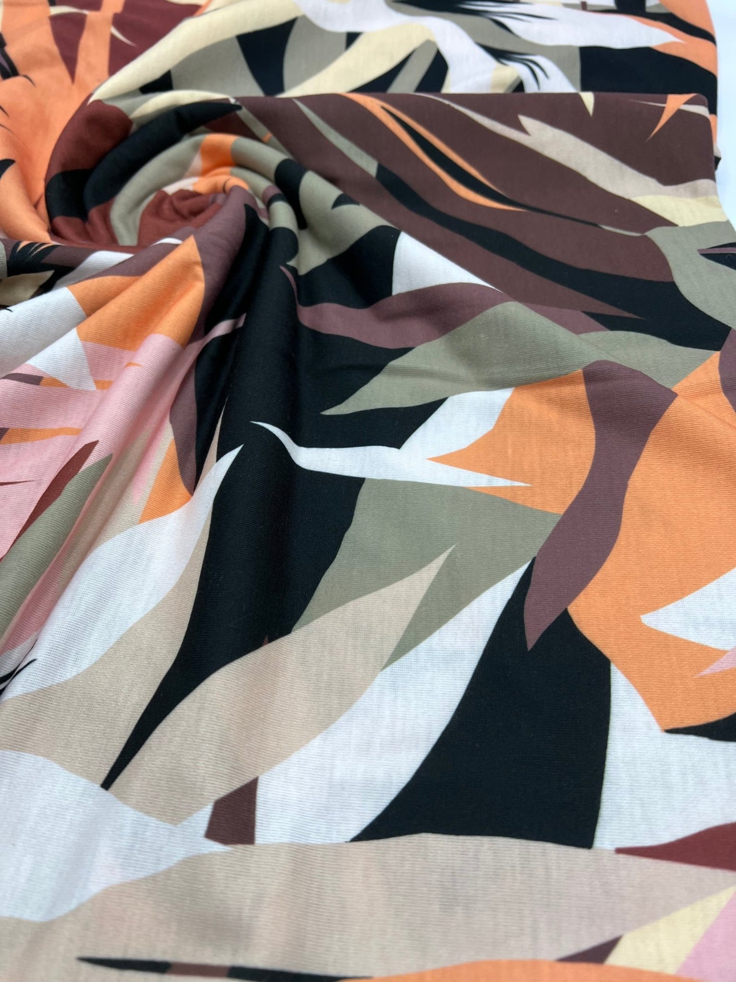 Brown Orange Mix Print Spun Poly Stretch Fabric - T9 Fabrics