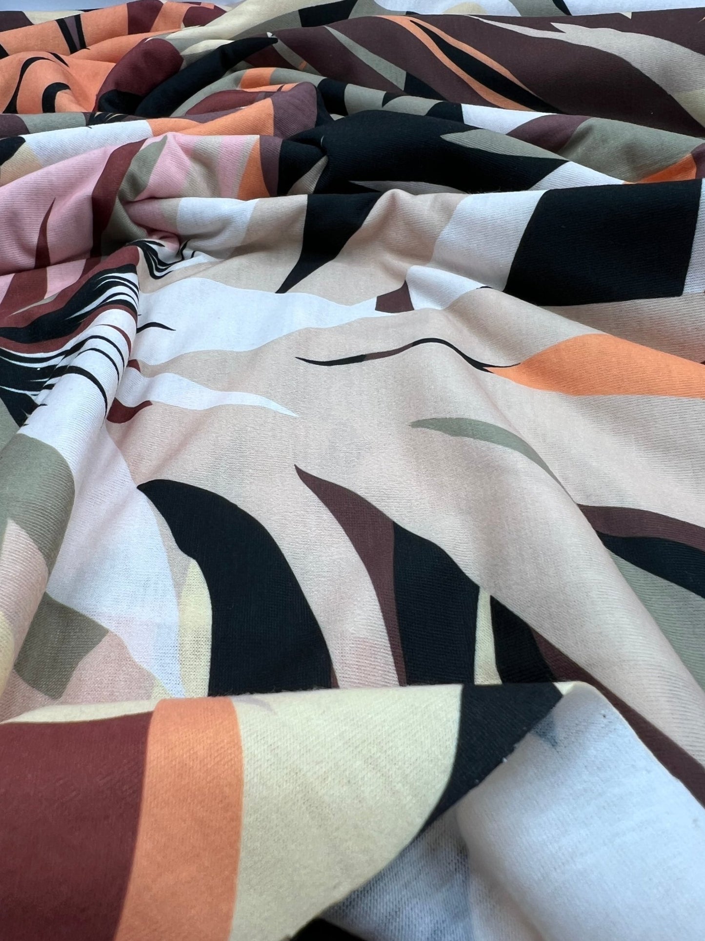 Brown Orange Mix Print Spun Poly Stretch Fabric - T9 Fabrics