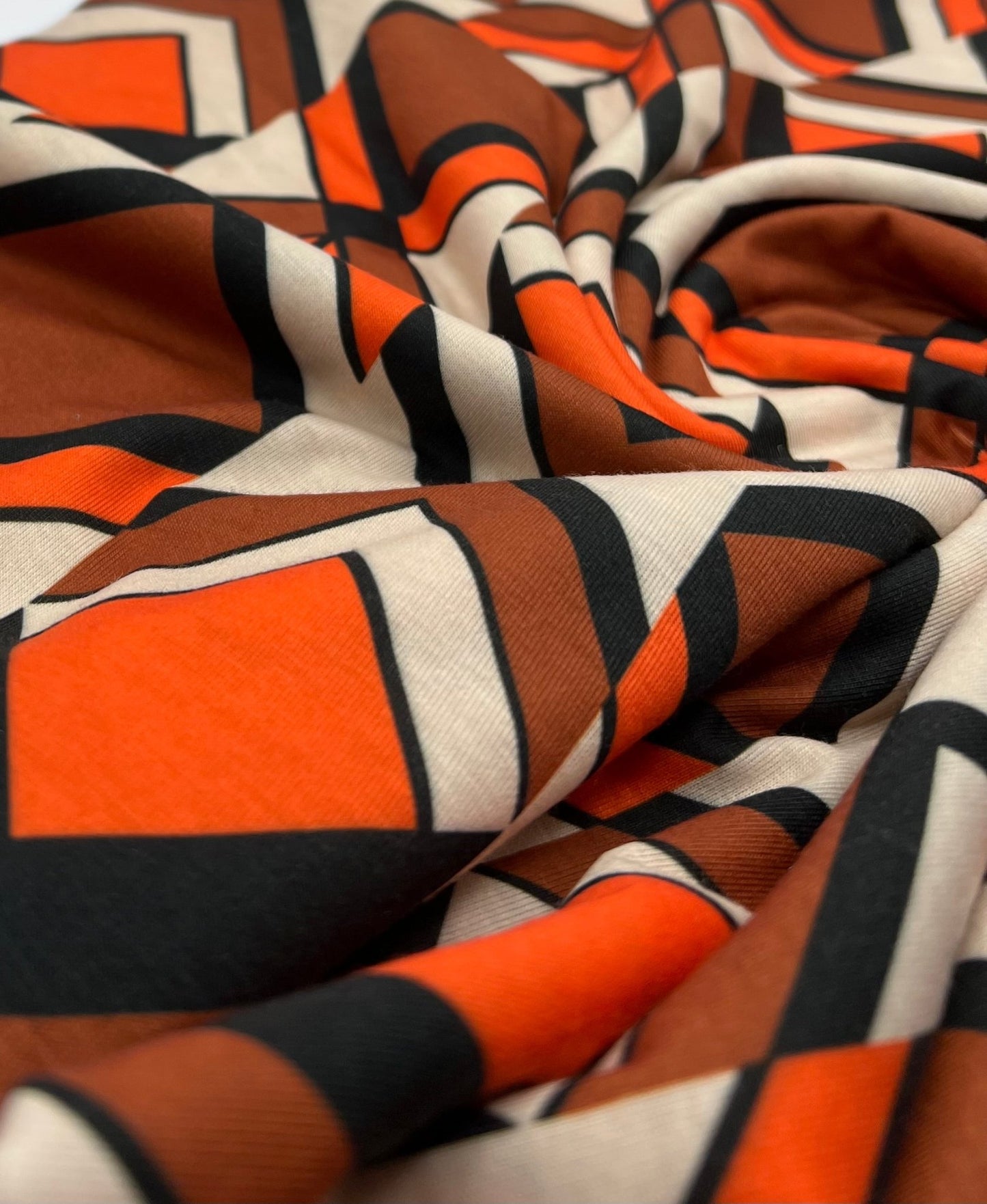 Brown Orange Print Spun Poly Stretch Fabric - T9 Fabrics