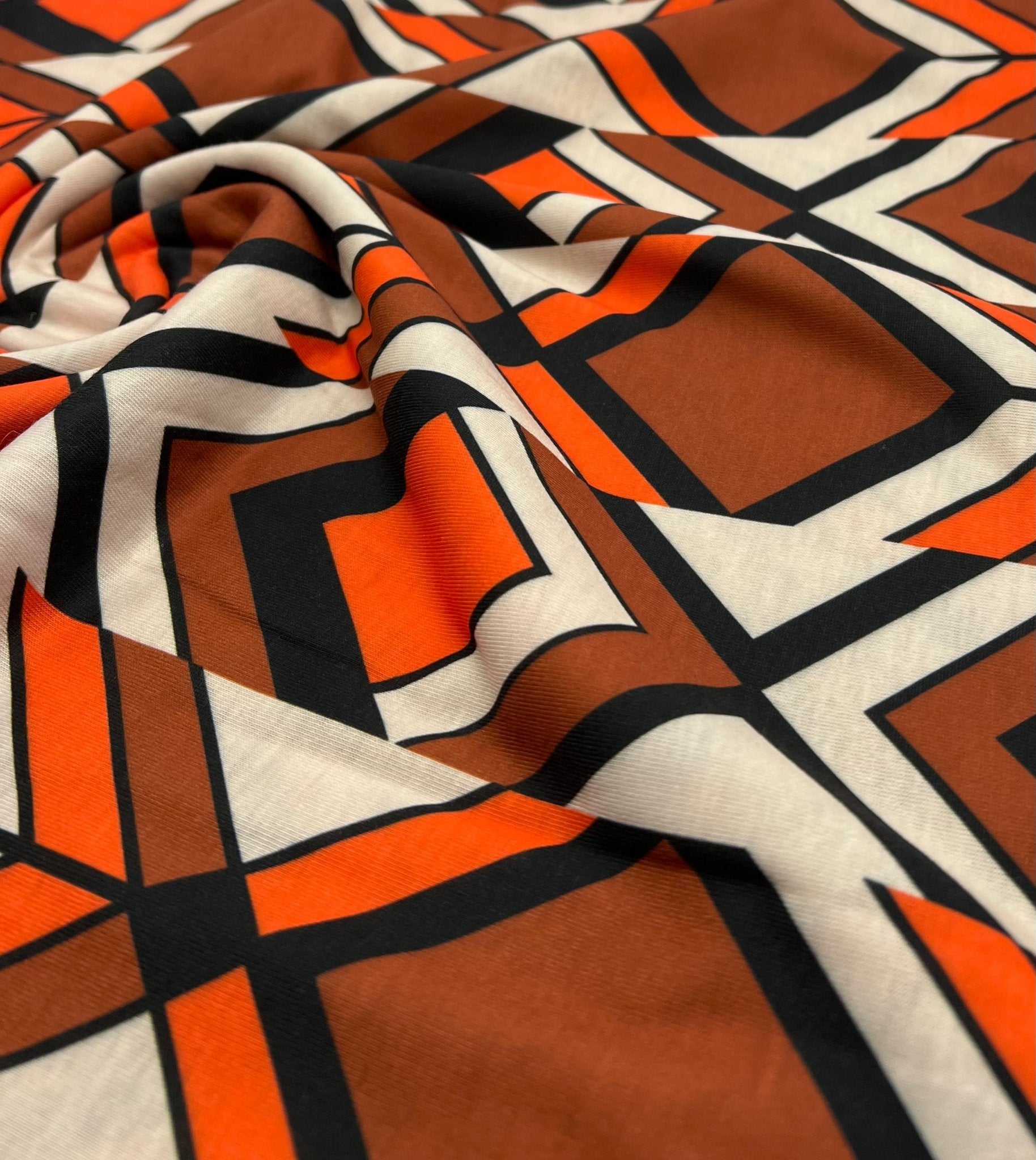 Brown Orange Print Spun Poly Stretch Fabric - T9 Fabrics