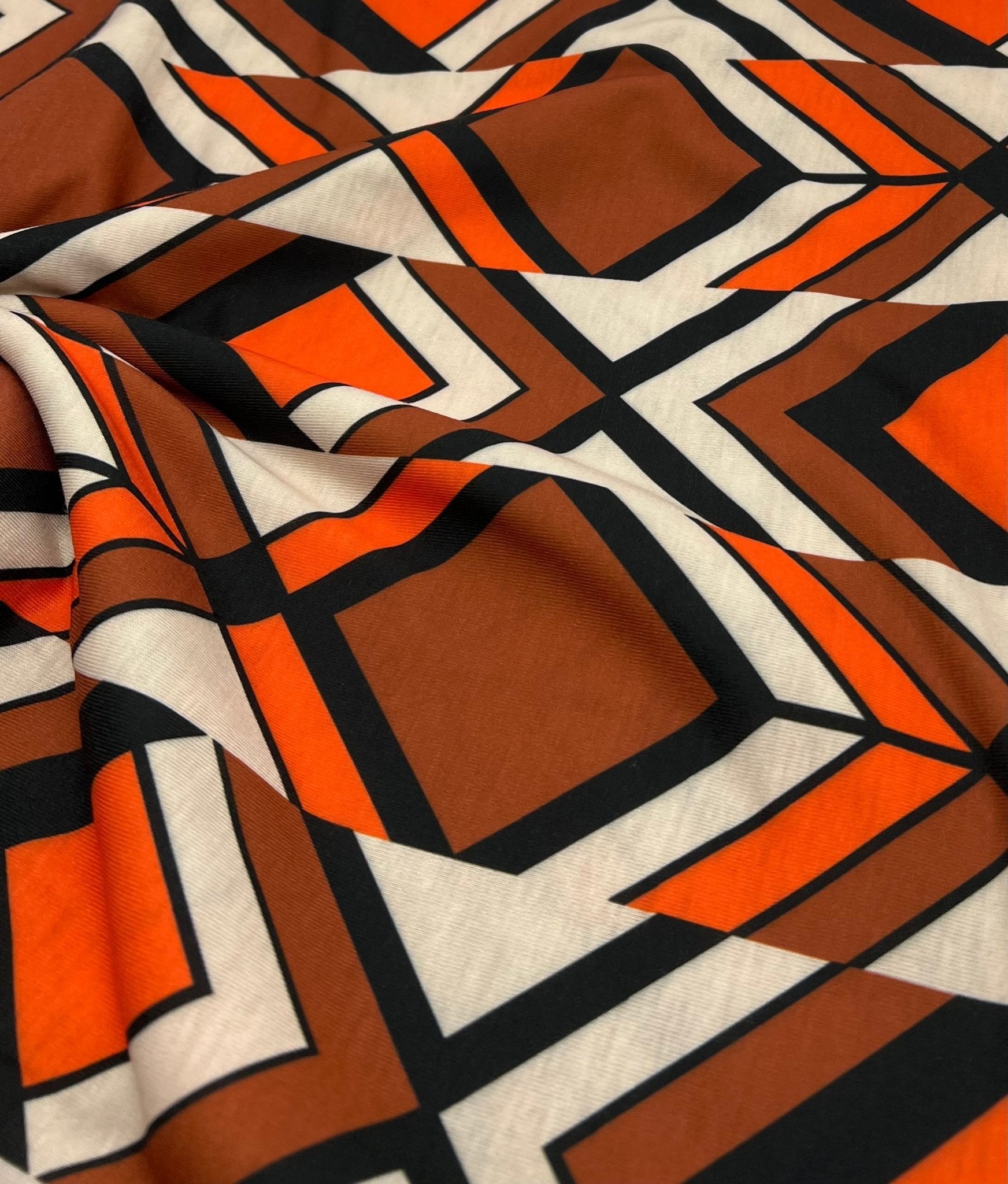 Brown Orange Print Spun Poly Stretch Fabric - T9 Fabrics