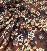 Brown Retro Floral Print Spun Poly Stretch Fabric - T9 Fabrics