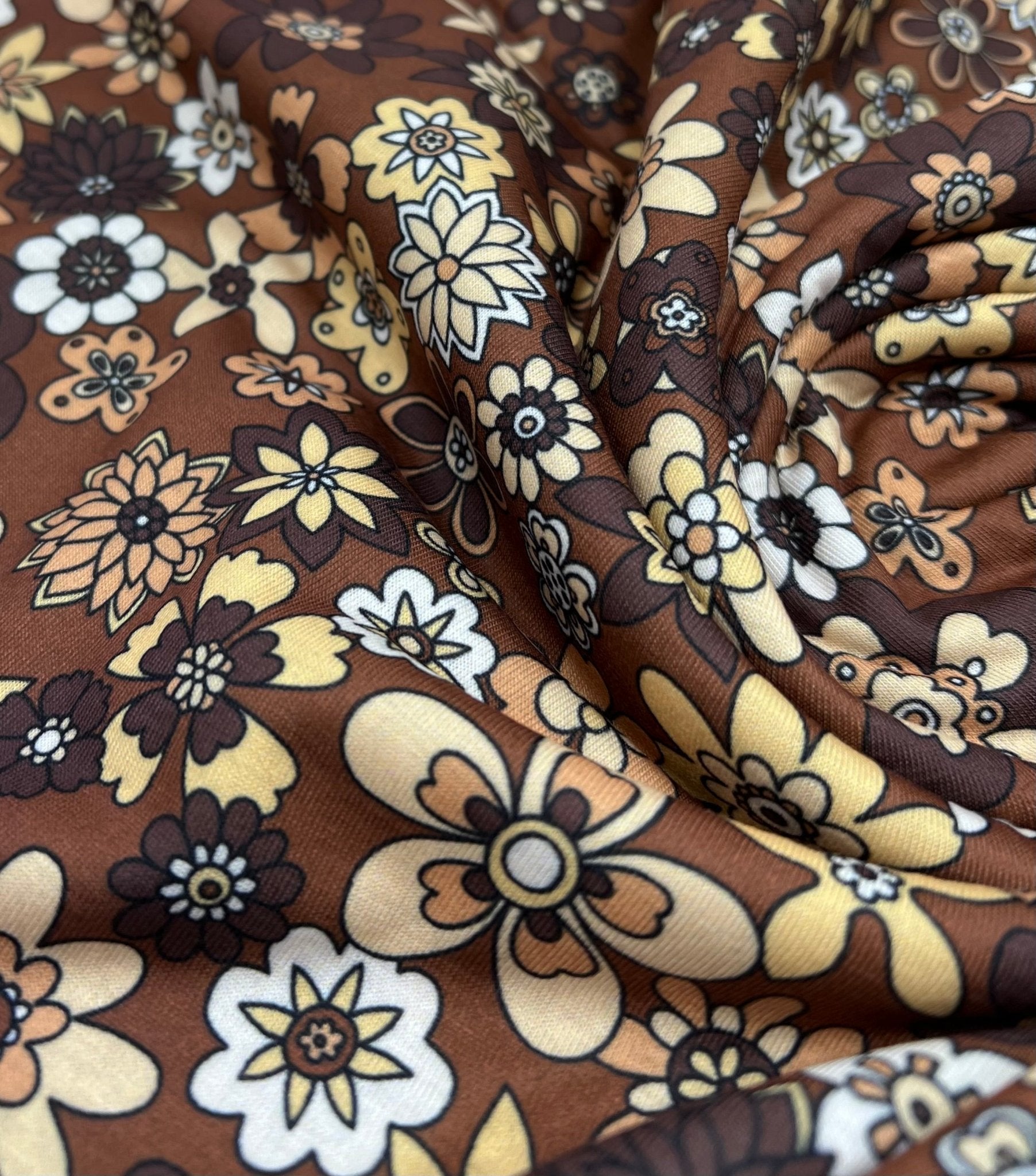 Brown Retro Floral Print Spun Poly Stretch Fabric - T9 Fabrics