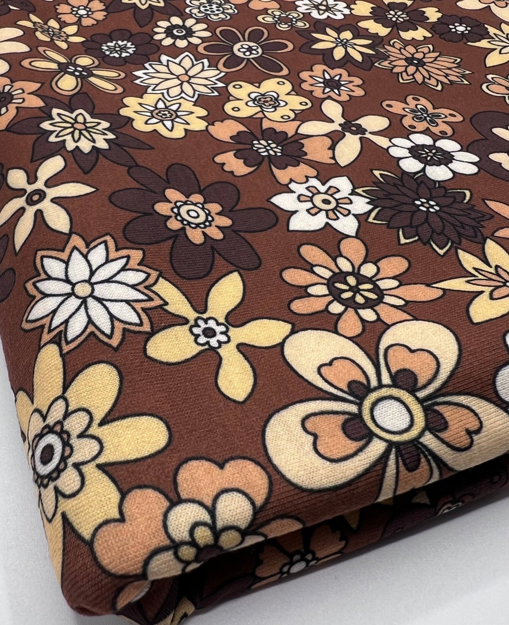 Brown Retro Floral Print Spun Poly Stretch Fabric - T9 Fabrics