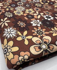 Brown Retro Floral Print Spun Poly Stretch Fabric - T9 Fabrics