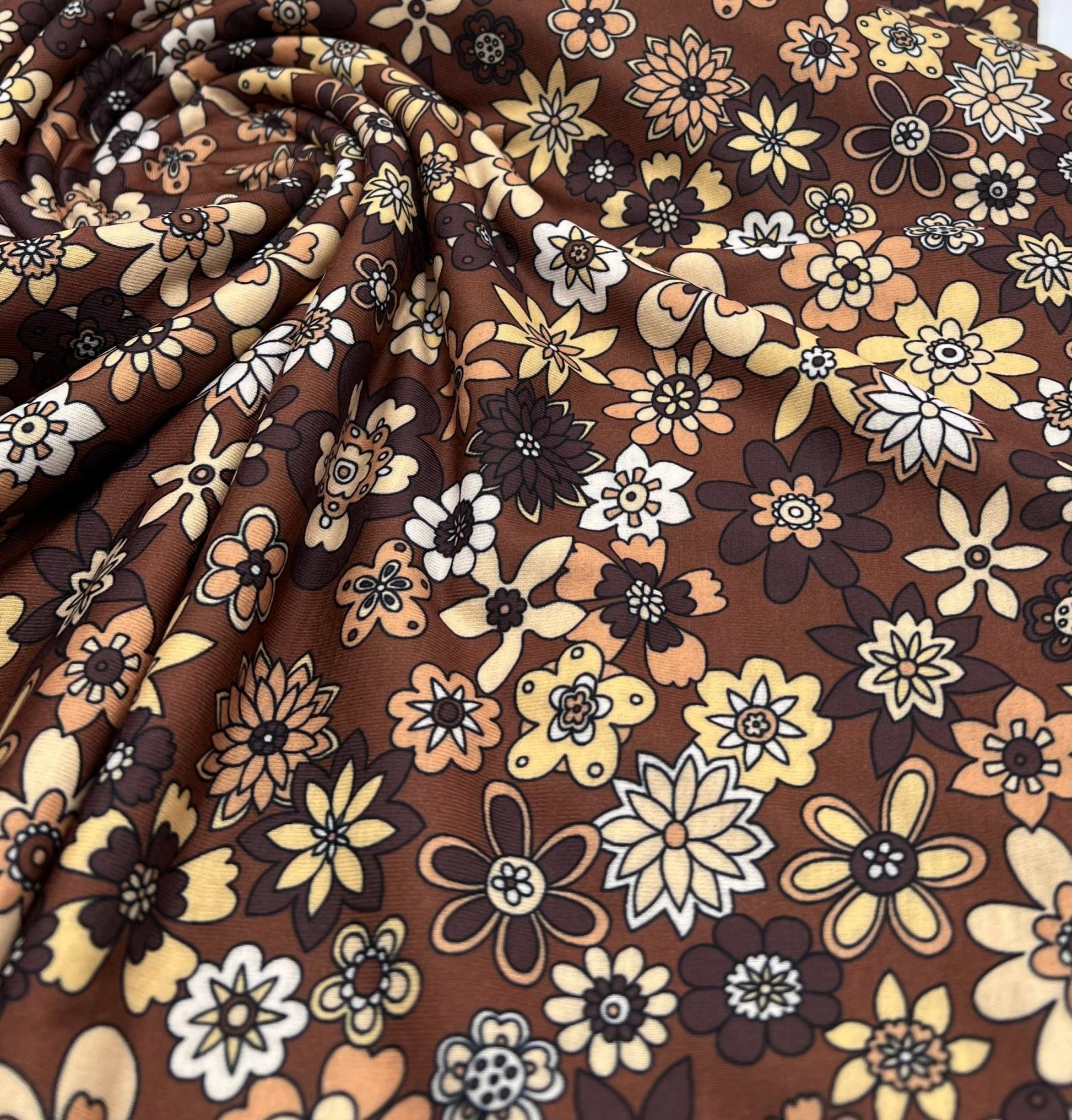 Brown Retro Floral Print Spun Poly Stretch Fabric - T9 Fabrics