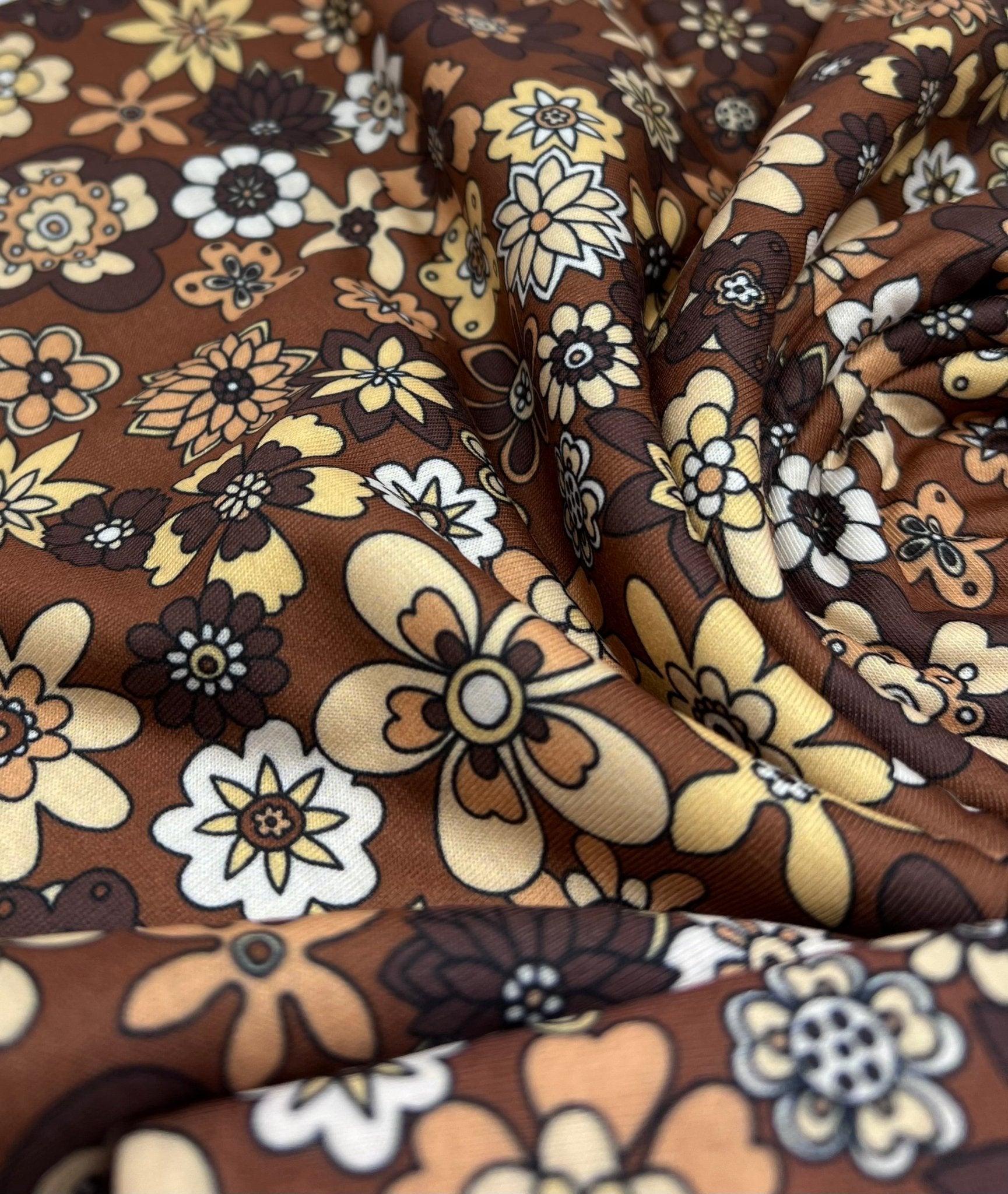 Brown Retro Floral Print Spun Poly Stretch Fabric - T9 Fabrics